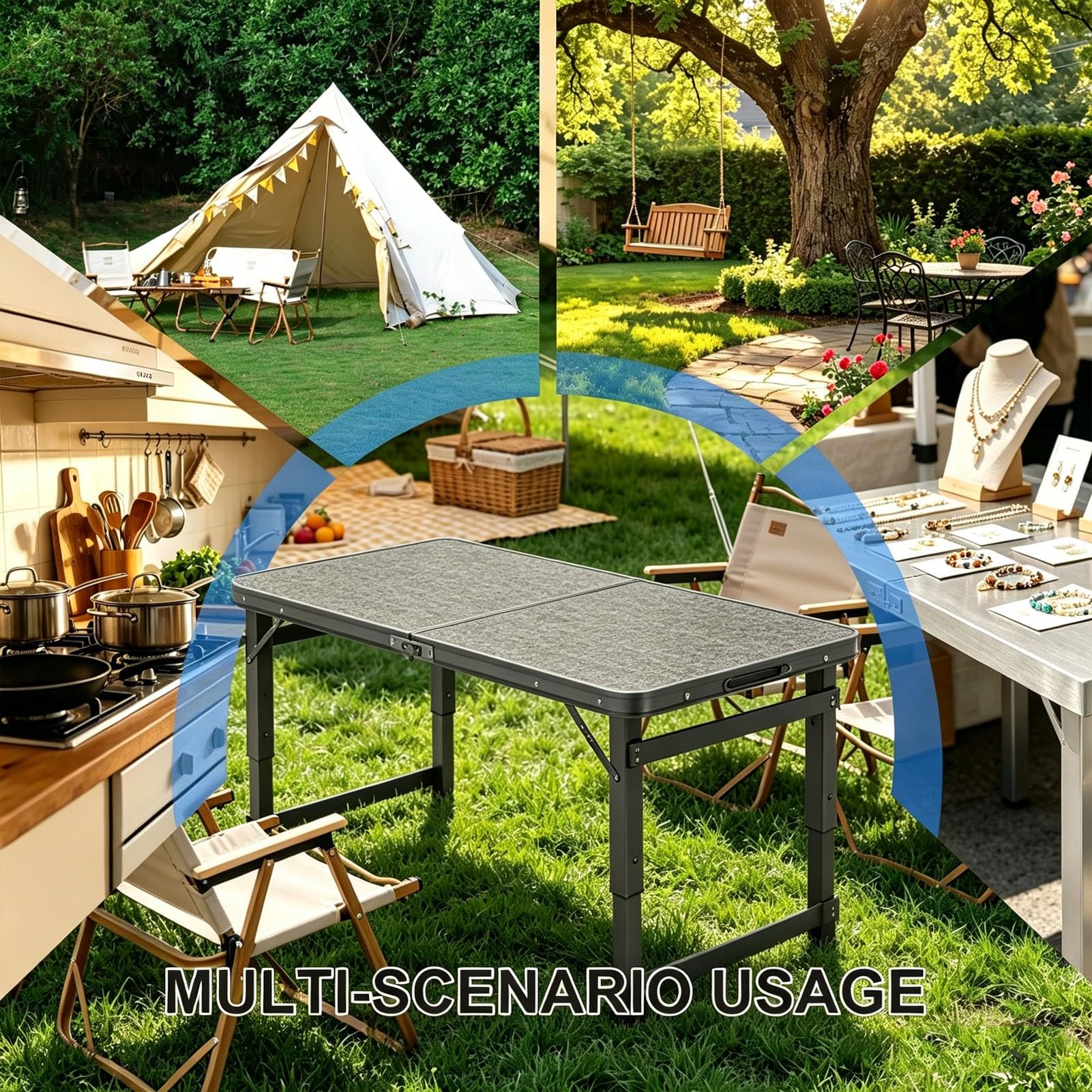 Tavolo da Pranzo e da Cucina Pieghevole - Tavolino Laterale Multiuso con Struttura in Acciaio, Tavolo da Giardino Portatile con cavalletti, banco da Lavoro per la Preparazione del Cibo, scri