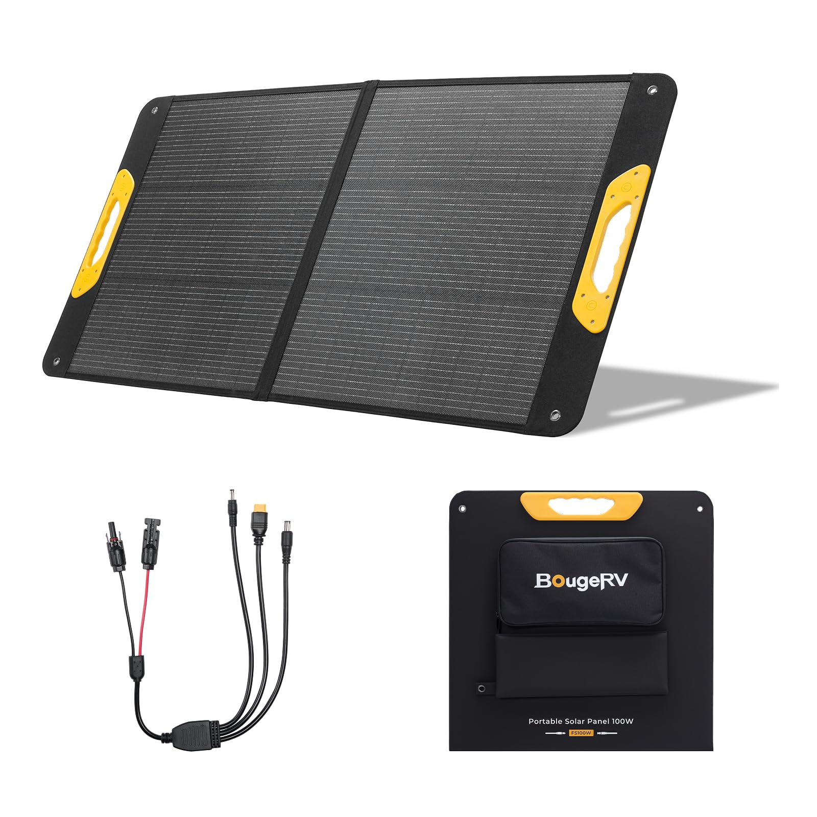 BougeRV Panel Solar Plegable 100W, 25% Eficiencia N-Type Portátil con XT60 DC5521 DC7909, Placa Solar Fibra de Vidrio IP65 para Generador Solar Camping Exterior Jardín