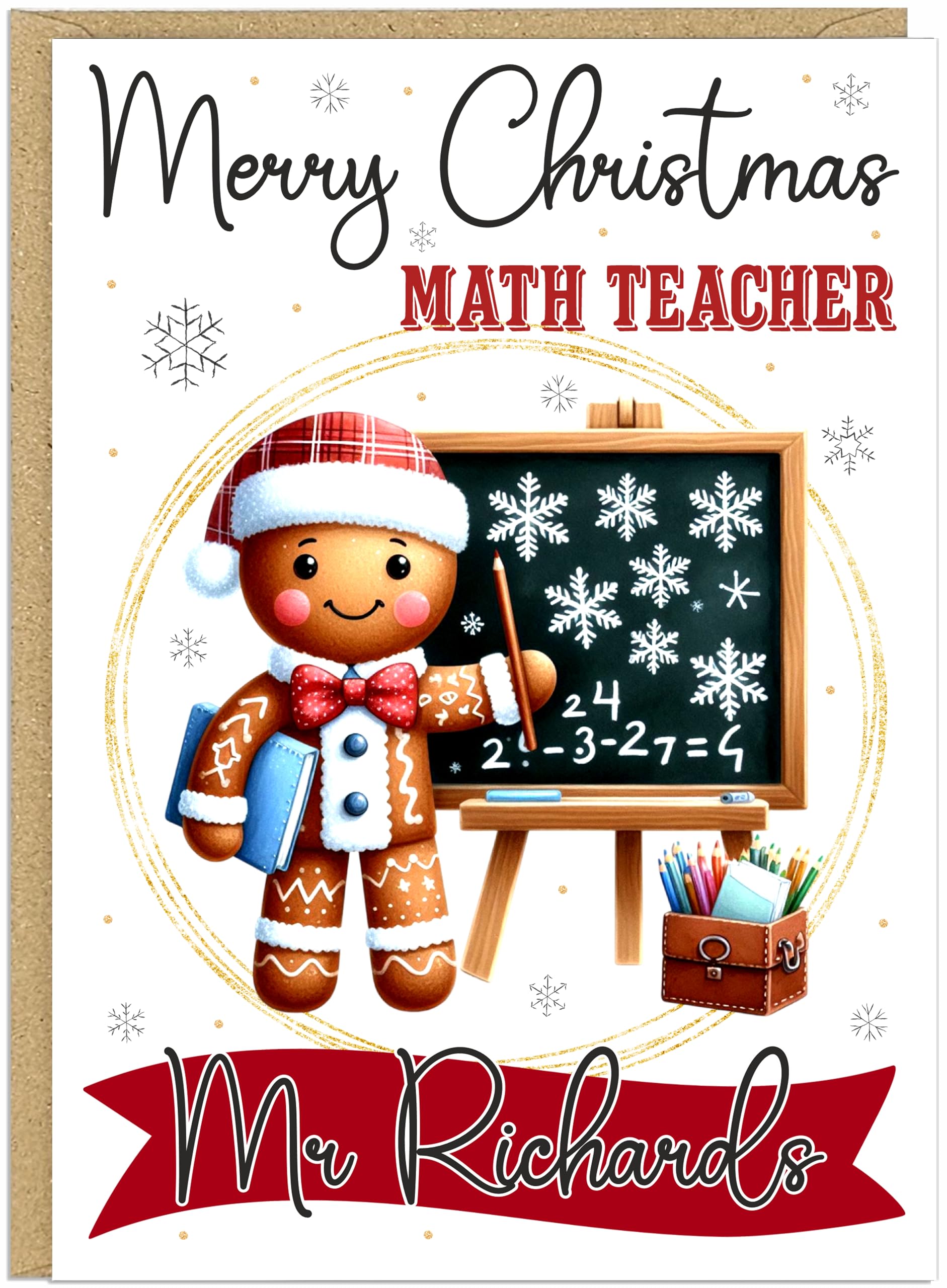 Personalised Gingerbread Christmas Cards for Teachers from Parents Students Colleagues - Own Name School Professions A5 Thank You Cards (Art Maths PE Science Music & More) (Maths Teacher)