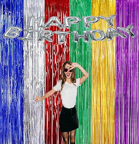 Miniatura 3 de Paquete de 2 cortinas de fondo de fotos de arcoíris de 3.3 x 6.6 pies, cortinas de flecos de oropel de papel de aluminio para puerta de cumpleaños,