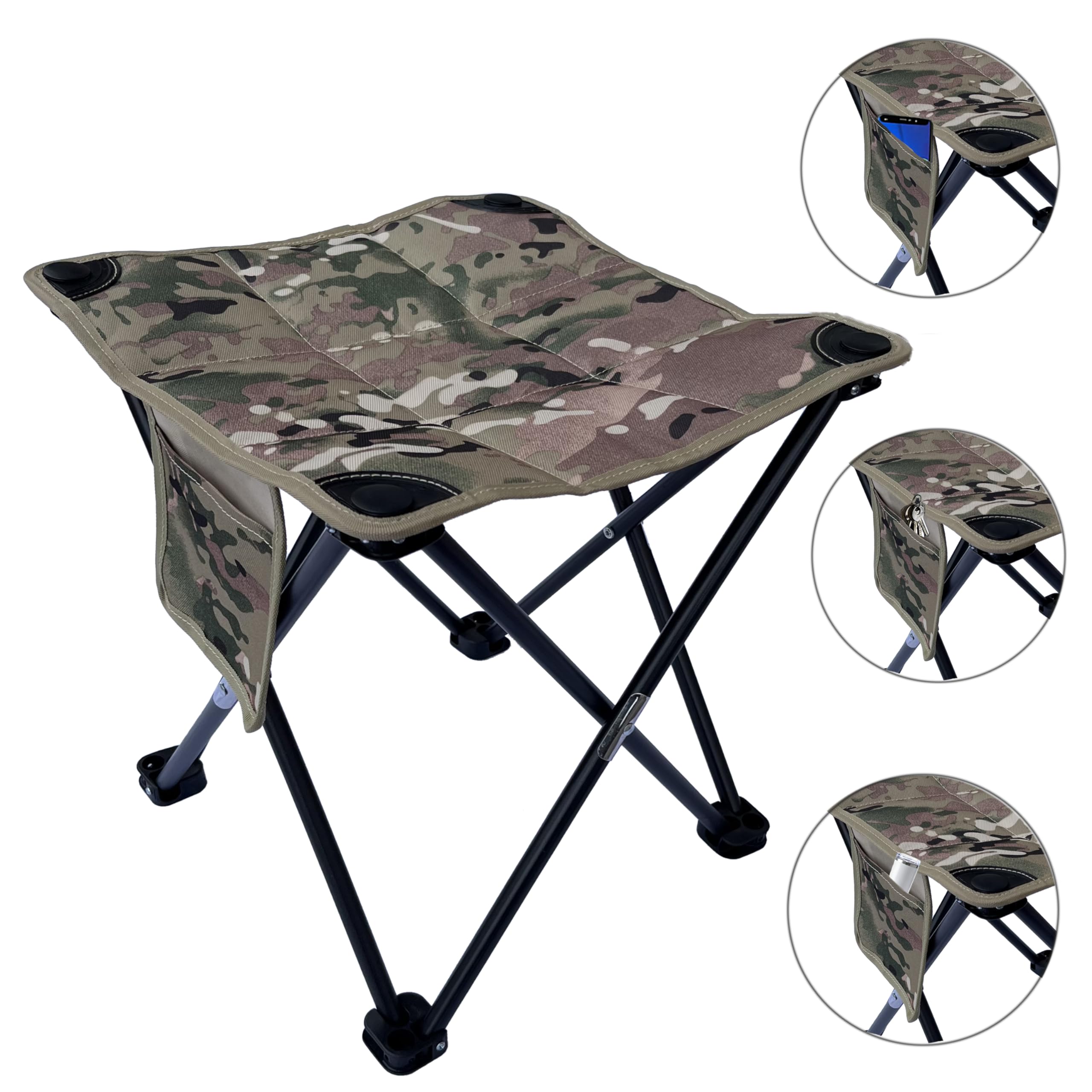 Sgabello da campeggio pieghevole portatile in 2 pezzi, con poggiapiedi in cotone, sedile da esterno, adatto per pesca, picnic, barbecue in spiaggia, escursionismo, con tasche laterali, 35,6 x 35,6 x