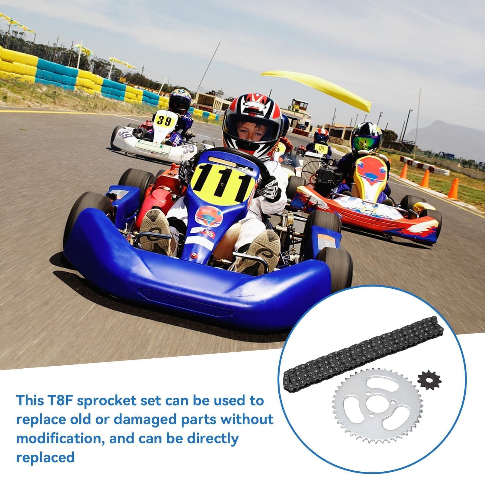 T8F Catena con pignone anteriore e posteriore, Set di pignoni per catena motore in acciaio Catena con pignone di trasmissione ad alta potenza per mini motociclette e kart ATC modificati