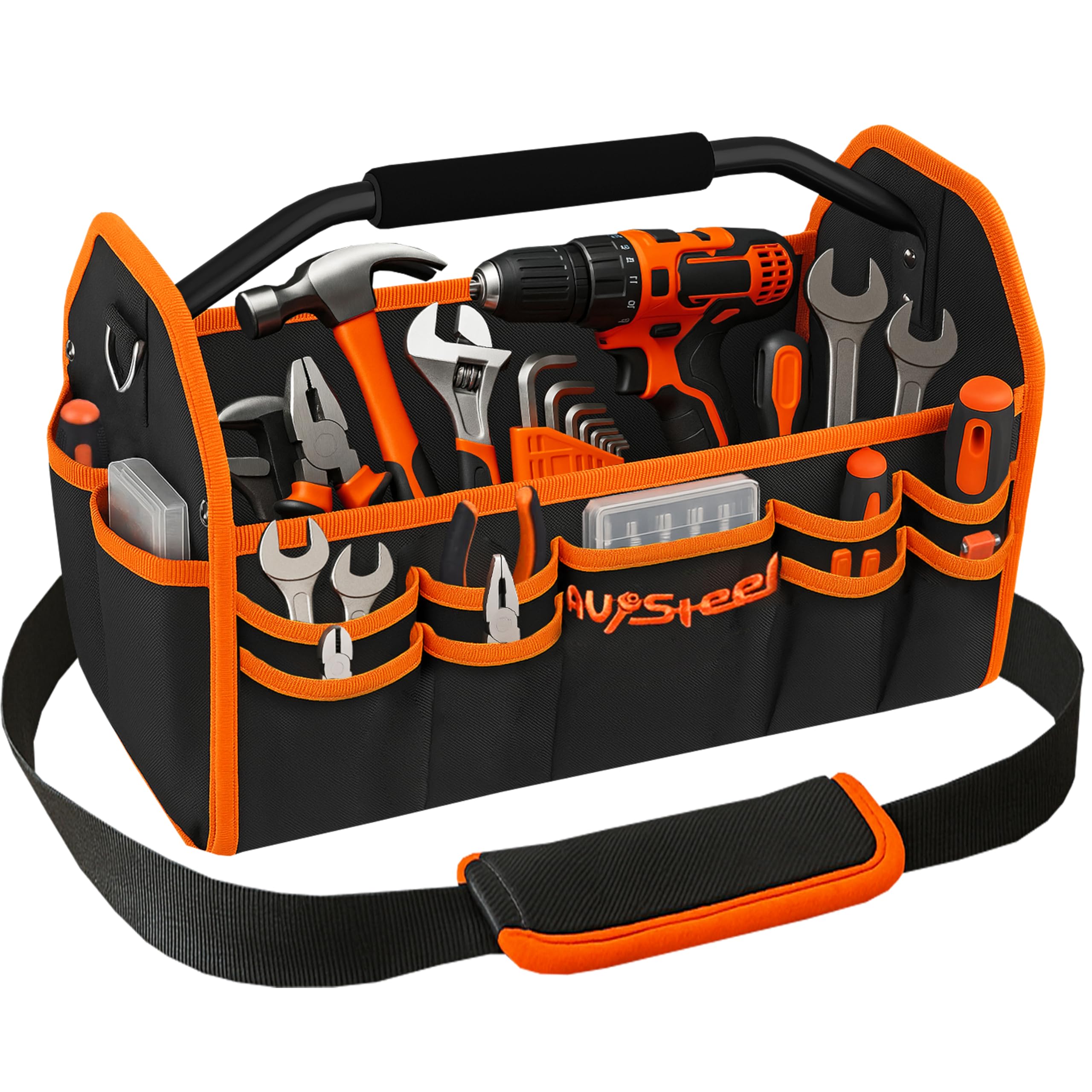 16 Inch Electrician Tool Bag, 26 Pockets Foldable Open Top Tool Bag Organizer with Handle & Padded Adjustable Strap, Heavy Duty Construction, Waterproof