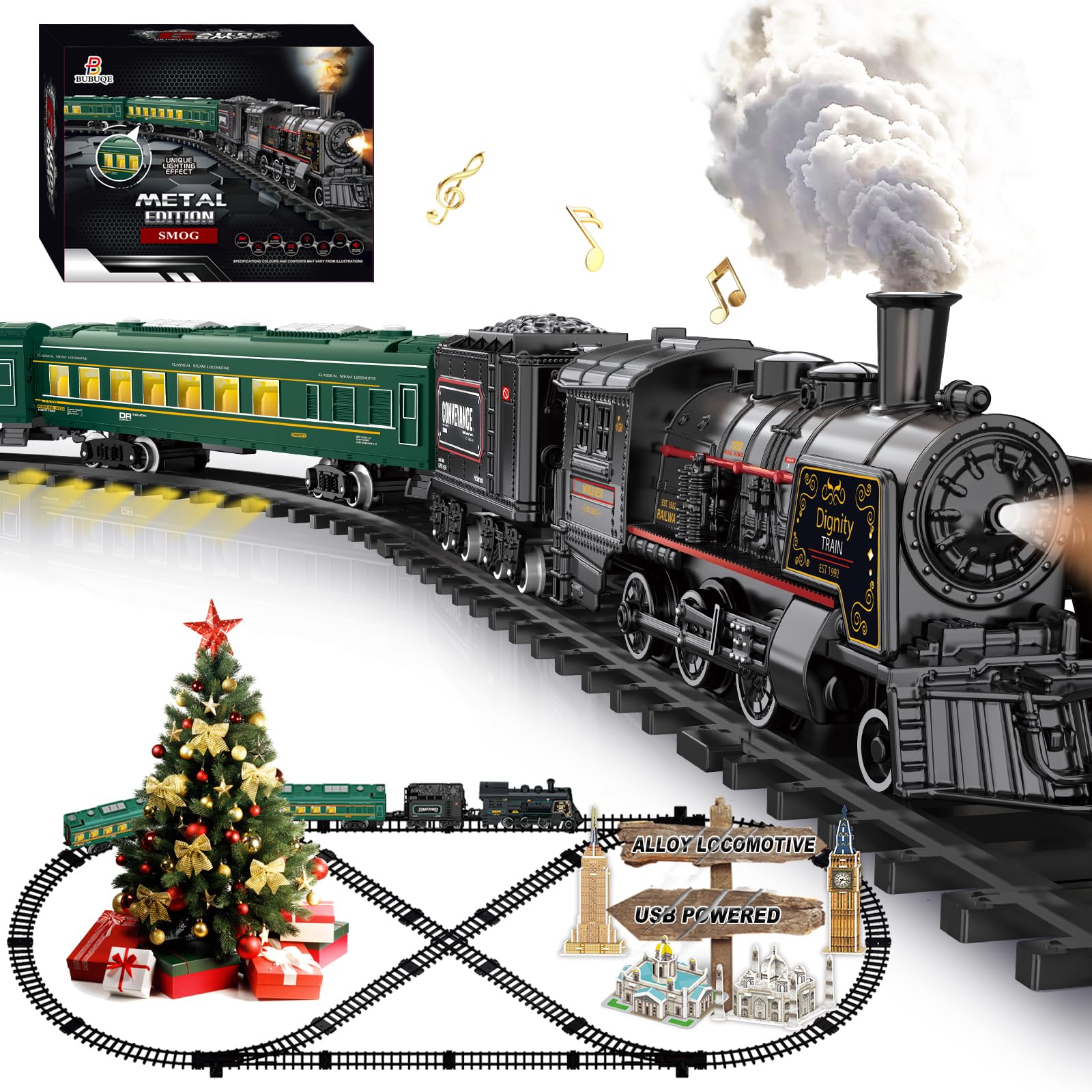 Photo 1 of ** POSSIBLE MISSING PARTS *** Electric Train Sets for Kids Metal Alloy Christmas Train Toys Steam Locomotive, Glowing Passenger Carriages, Luxury Tracks, Light & Sounds Rechargeable Birthday Gifts for Boys Girls Red Green …