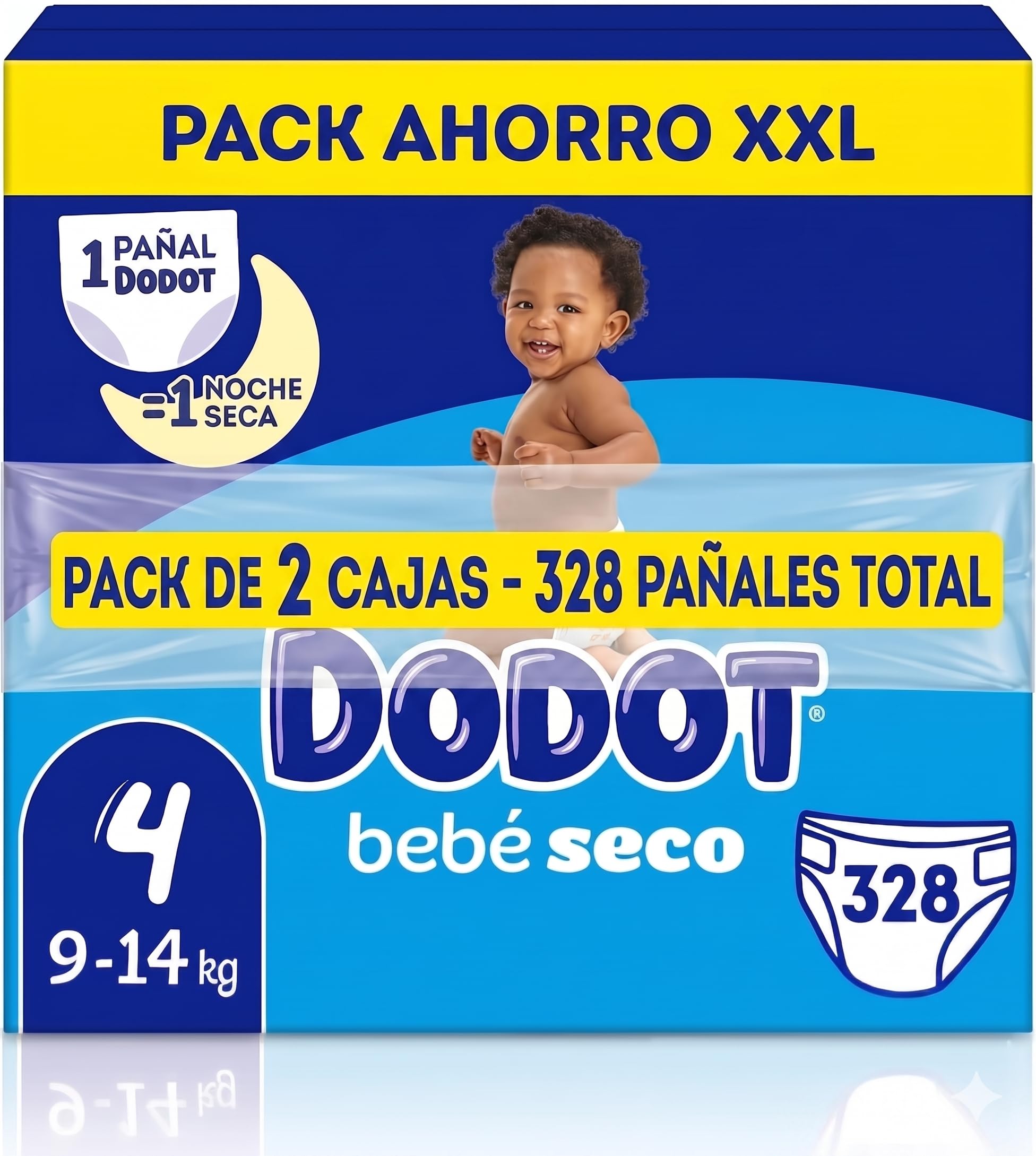 Dodot Bebé-Seco Pañales Talla 4, 9-14 kg, Pack de 328 Unidades, Protección Antifugas, 2 Cajas