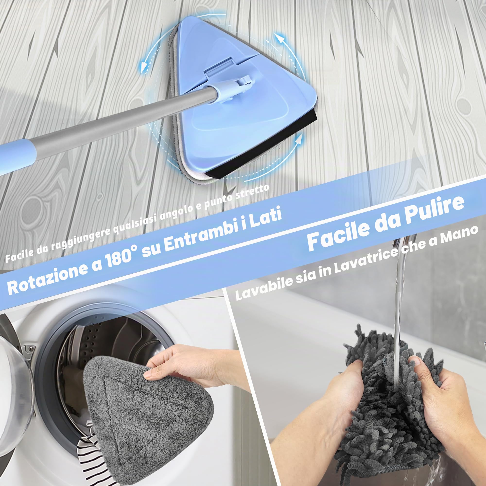 NEWE Mocio Triangolare Allungabile con Manico Lungo 202 cm e Tergivetro, Mop Lavapavimenti Pieghevole a 180° , Pulizia Pavimenti con con 6 Tamponi in Microfibra Ciniglia per Pareti, Finestre, Soffitti