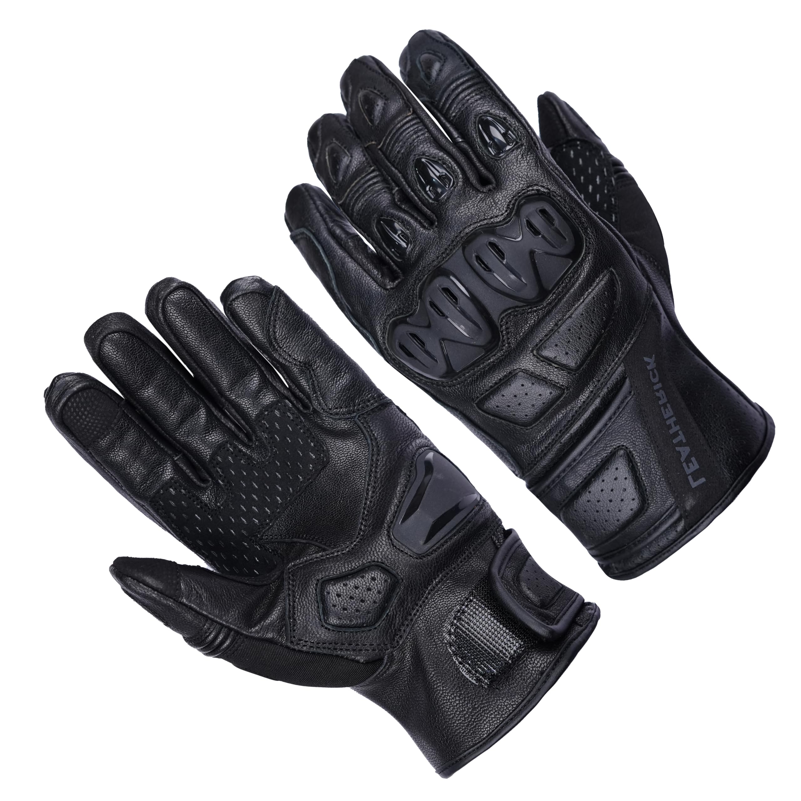 Leatherick Guanti Moto da Uomo Neri in Vera Pelle Certificati CE con Nocche Protettive, Palmo Imbottito con Slider in TPR e Compatibilità Touchscreen