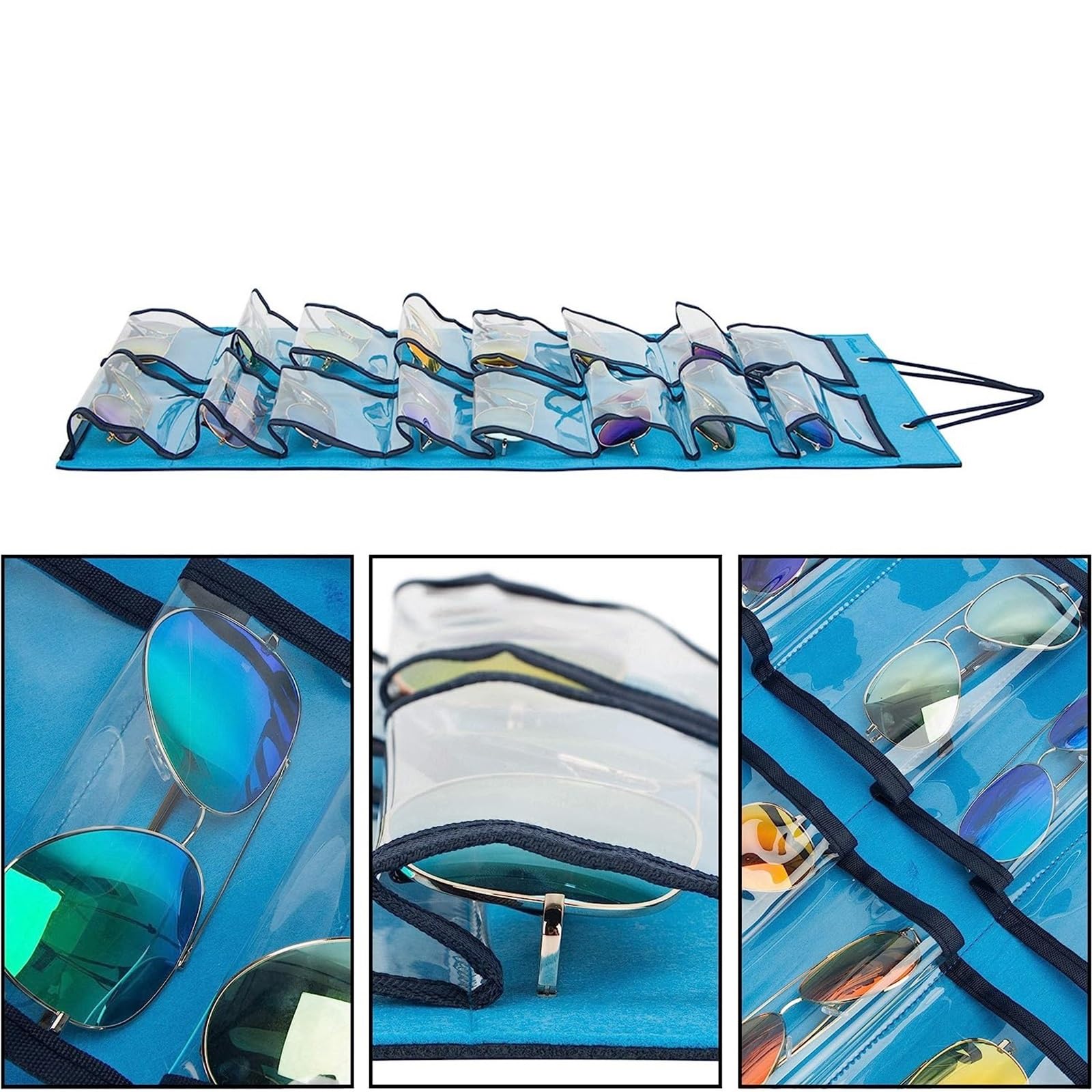 Porta Occhiali Portaocchiali Organizer Portaocchiali da Sole Bifacciale da Appendere, Tasca da Parete Espositore Occhiali(Blue+Black)