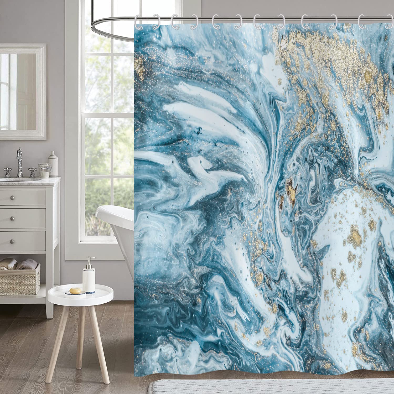 Hnmdmyi Marble Shower Curtain 240x180, Blue Gold Jade Texture Glitter Shower Curtains Abstract Watercolor Modern Luxury Art Bathroom Curtains Waterproof Polyester Fabric Washable Bath Curtains
