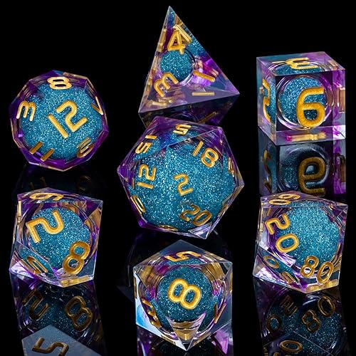 Miniatura 2 de ARUOHHA Juego de dados DND de núcleo líquido, 7 dados de resina con bordes afilados, dados poliédricos D y D morados con caja de regalo, juego de
