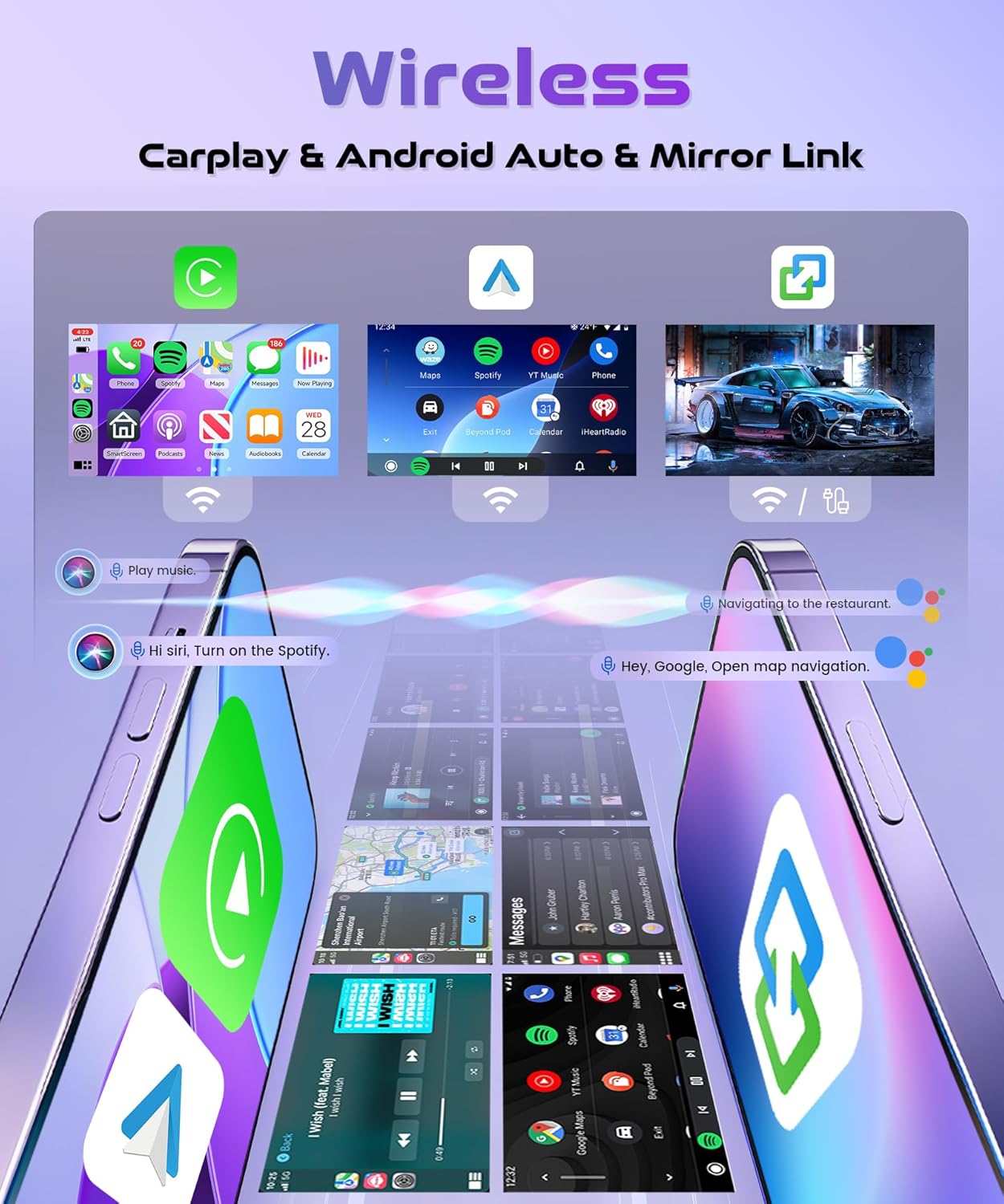 Screenshots demonstrating Wireless Carplay, Android Auto, and Mirror Link functionalities on the car radio display, showing various app interfaces and smartphone mirroring.