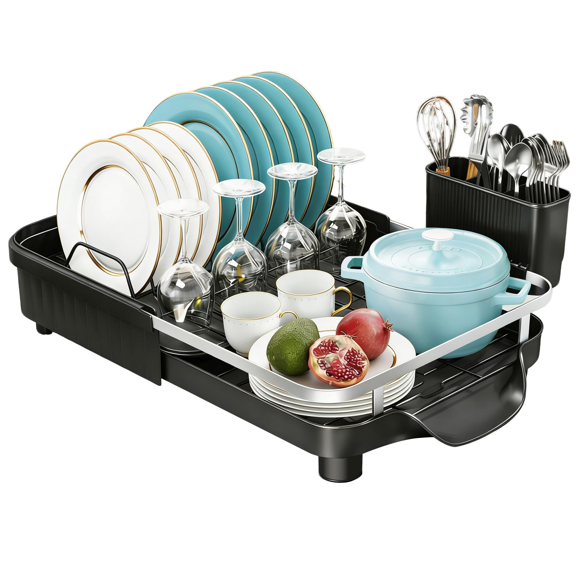 PurKeep Escurreplatos extensible con soporte para cubiertos, color negro | Escurreplatos con bandeja de goteo para platos, tazas, cubiertos, escurreplatos para ahorrar espacio, color negro