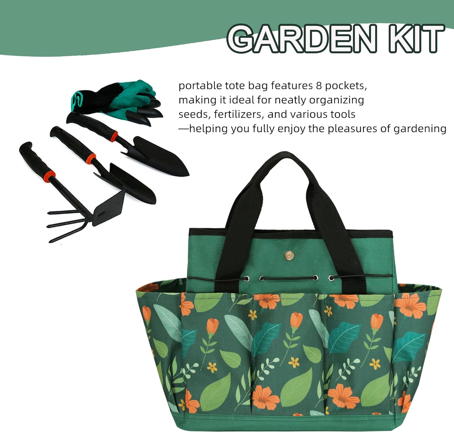 Waterproof Garden Tool Bag, 600D Oxford Portable Gardening Tote with Handle & Multi Pockets, Ideal Gifts for Parents Women (Green Flower, Tools Not Included)