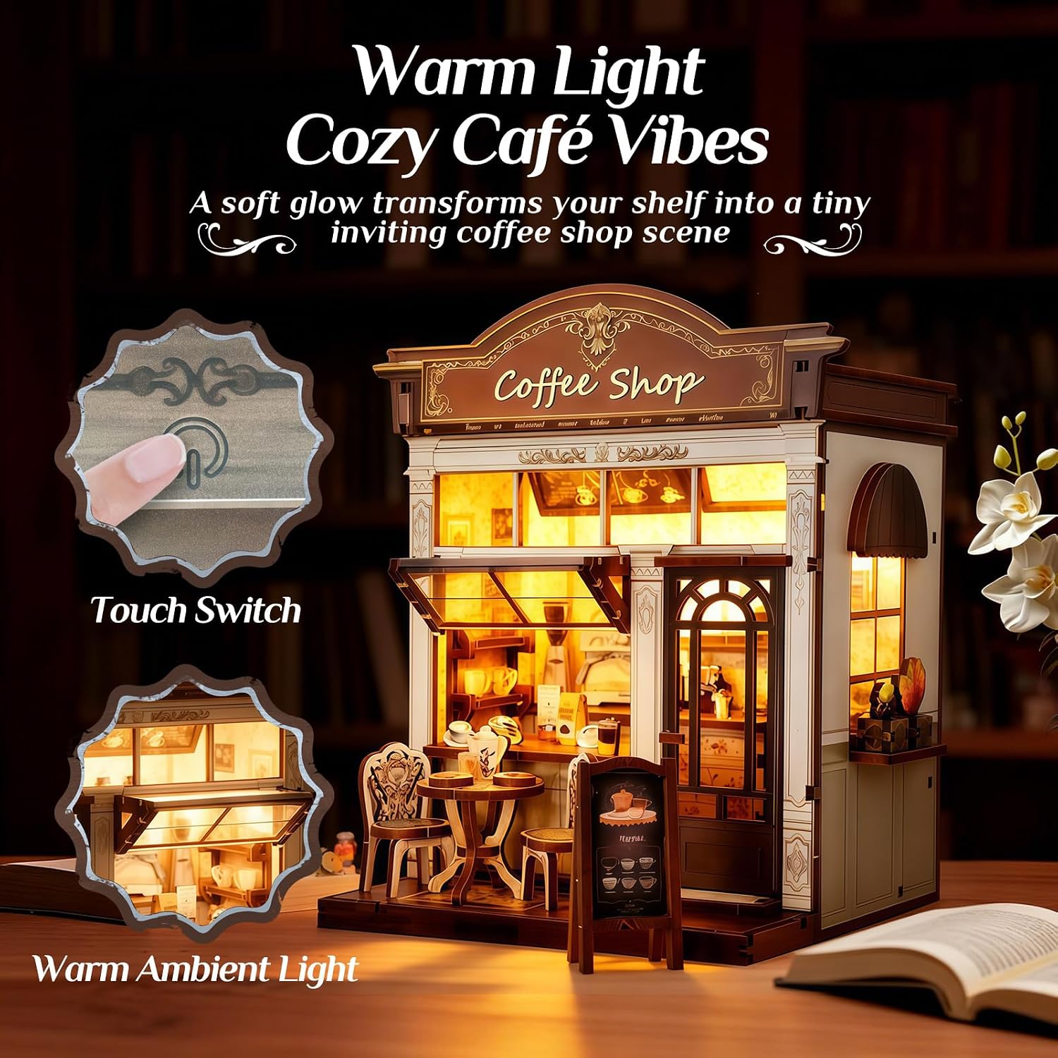 Book Nook Kit, DIY Miniature House Kit for Adults & Teens, Cozy Coffee Shop Scene Bookshelf Insert Decor with LED, 3D Wooden Puzzle Gift for Book Lovers (Coffee Shop)