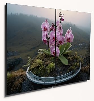 The Plum Penguin Orchid on Satellite Dish Wooden Wall Art, Dual A4 MDF Panels, Ghost Town Dusk Scene Canvas Alternative 40 x 30cm