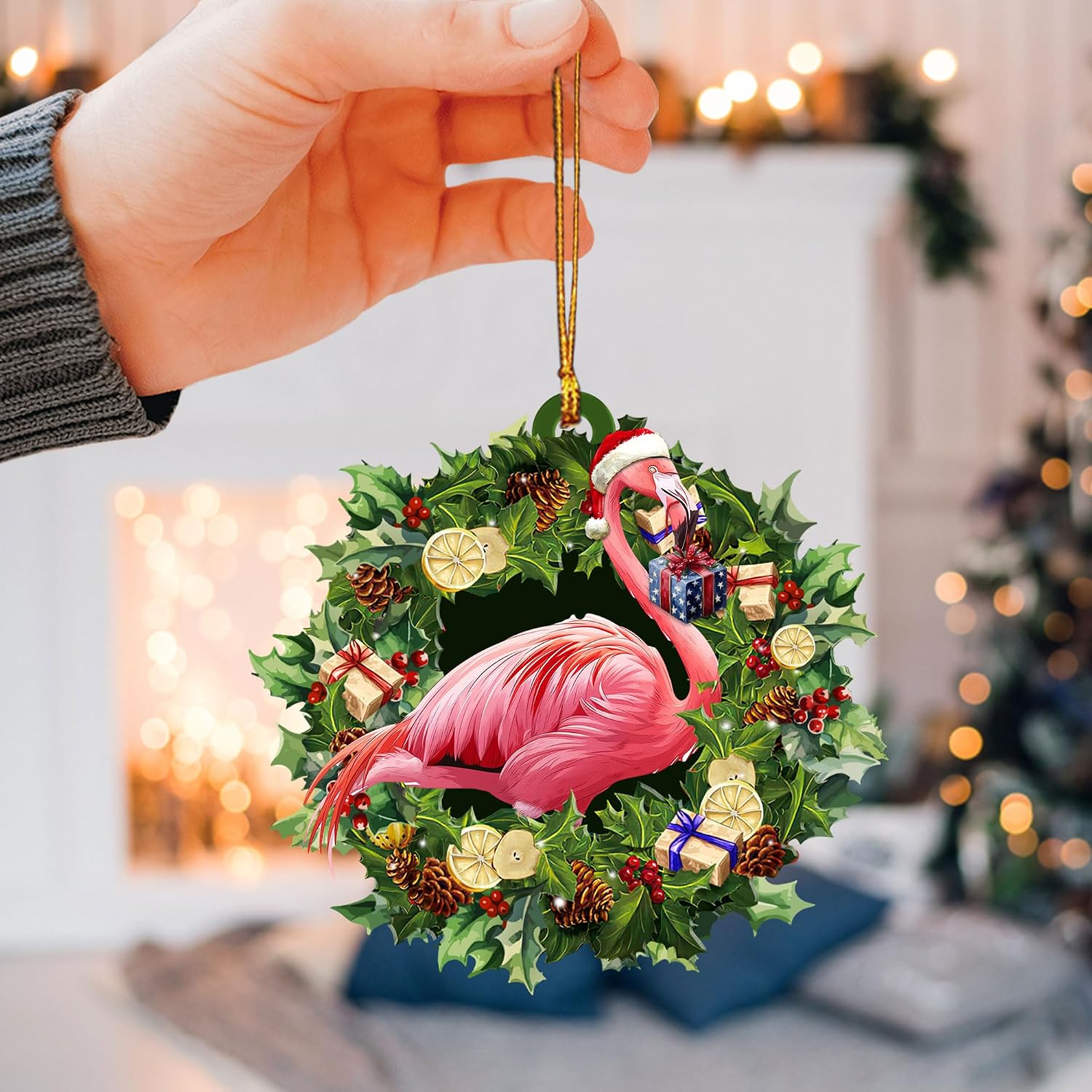 Talataca Flamingo 2D Flat Christmas Ornament, Pink Flamingo Wearing A Christmas Hat Wreath Pine Tree Decor, Hanging House Charm Eve Keepsake, Car Rear View Mirror Accessories, Xmas Gift image 3
