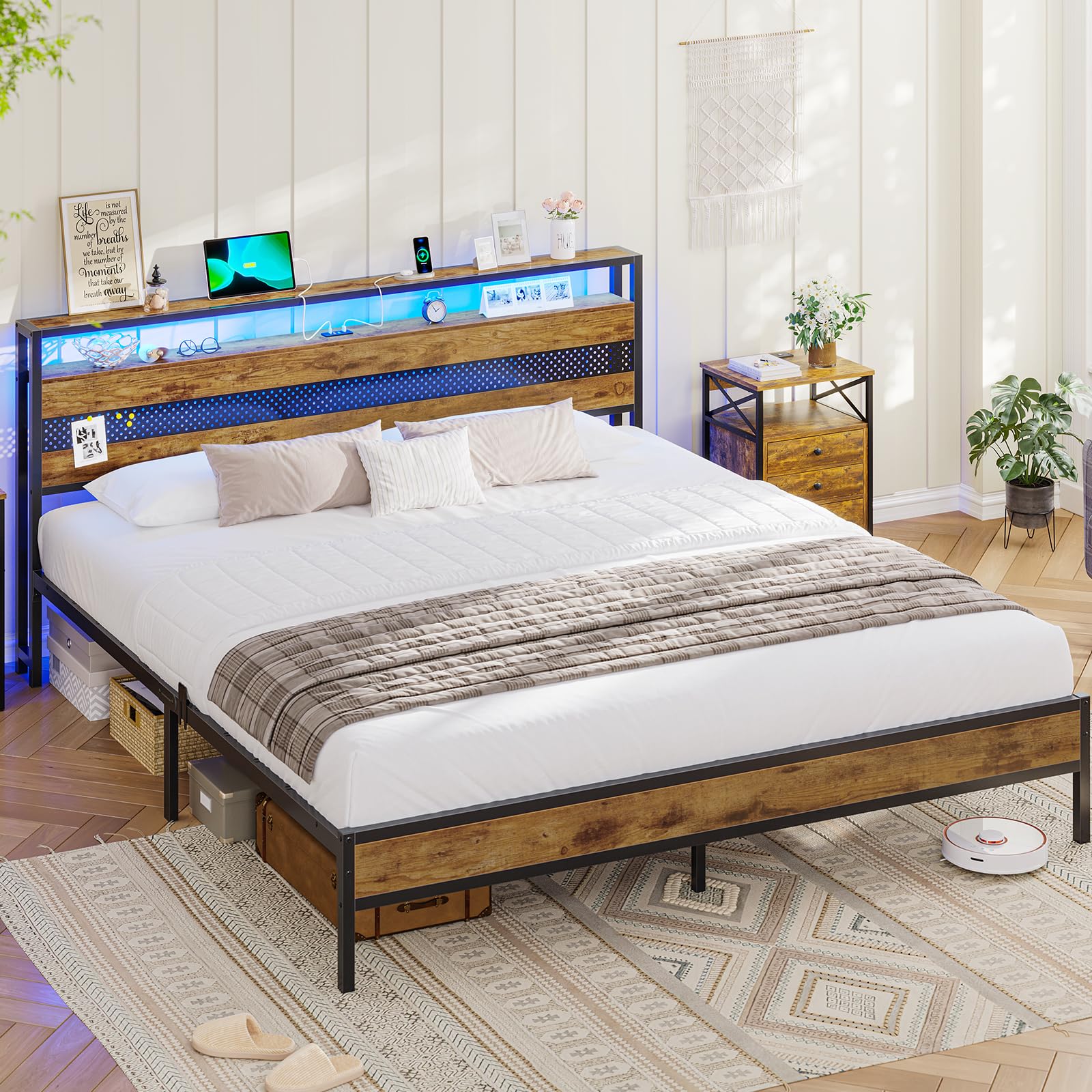 Letto 160 x 200 cm, con rete a doghe in metallo, struttura del letto in metallo con presa e funzione di ricarica USB, letto matrimoniale con spazio di archiviazione, letto basso, letto per giovani