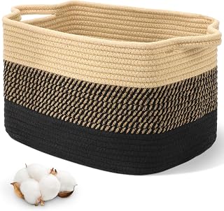 Alyvisun Small Storage Baskets, Laundry and Play Storage Basket for Bedroom, Living Room, Children's Room, Rectangular Woven Cotton Basket for Toys, Blankets, Towels, Dirty Clothes, 33x21.5x23cm