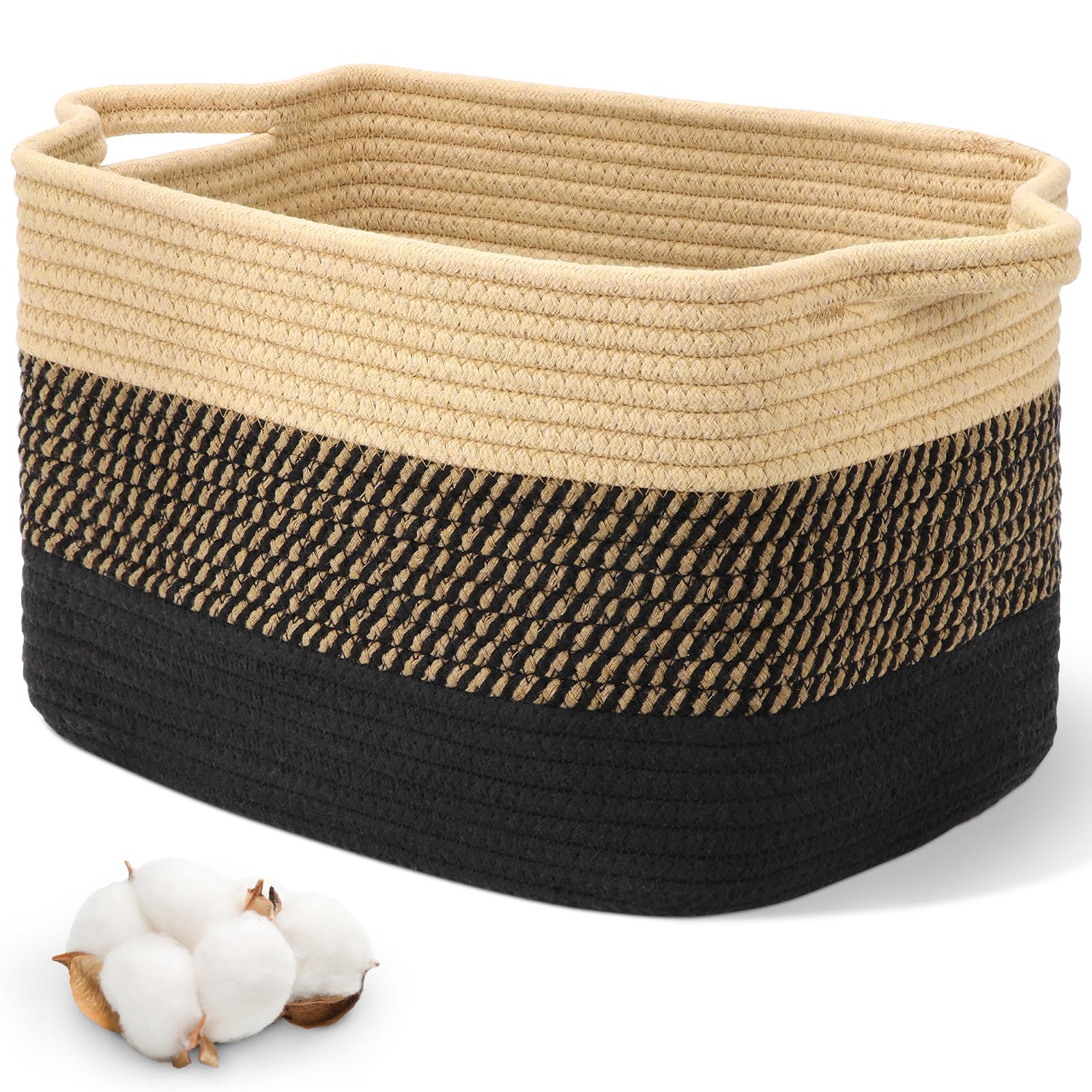 Alyvisun Small Storage Baskets, Laundry Toy Basket for Bedroom, Living Room, Baby Room, Rectangle Cotton Woven Basket for Toys, Blankets, Towels, Dirty Clothes, 33x21.5x23 cm
