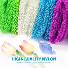 UJFQBH 4 Pieces African exfoliating net African Net Long Net Bath Sponge Exfoliating Shower Body Scrubber Back Scrubber Skin Smoother,Great for Daily Use (Purple, Blue, Green, White)