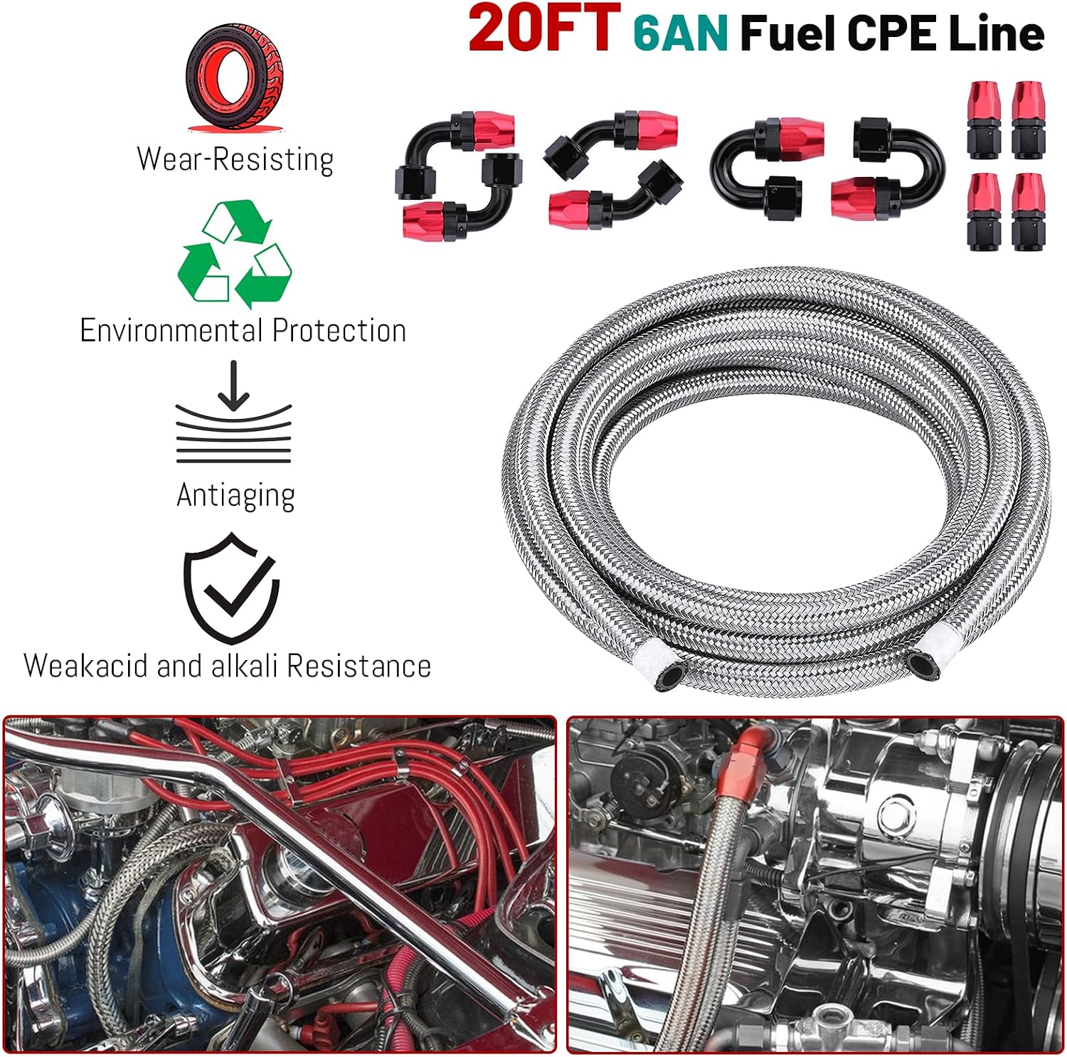 6AN 10FT 3/8'' CPE Fuel Line Fitting Kit, Universal AN6 Nylon Braided Fuel Hose with 10PCS Red & Black Aluminum Swivel Fuel Hose End Fitting Adapter Kit - Sliver
