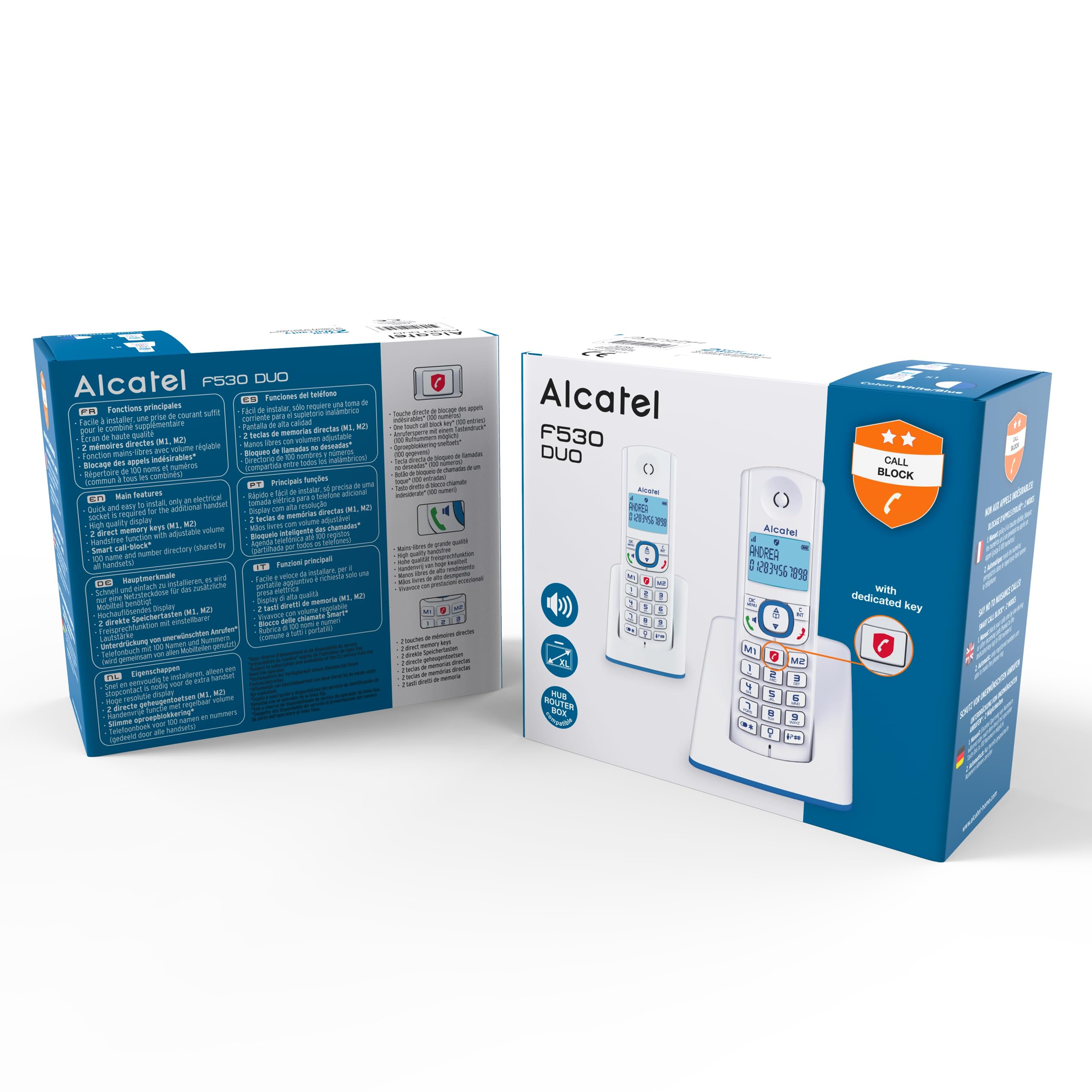 Alcatel F530 - Teléfono (Teléfono DECT, Terminal con conexión por cable, Altavoz, 50 entradas, Identificador de llamadas, Azul, Blanco)