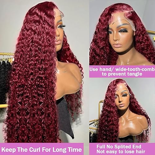 Miniatura 5 de Pelucas de cabello humano rizado color borgoña 99j de 13 x 5 con ondas profundas HD de cabello humano prearrancado, peluca de cabello humano rizado