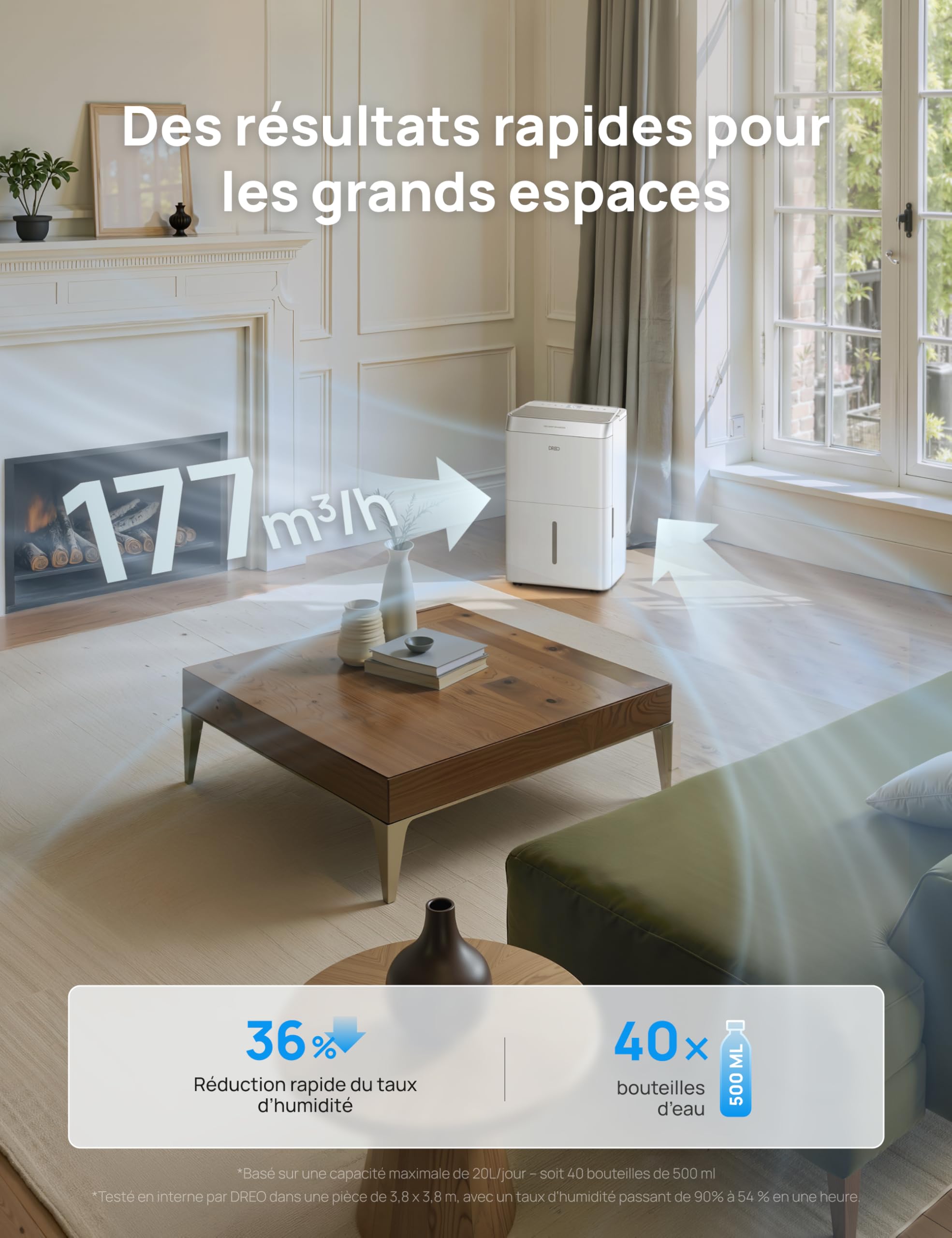 Dreo Déshumidificateur d’air 20L/jour, Wi-Fi & Alexa, avec réservoir d'eau 3.4L, Pour 40㎡/100m³, Déshumidificateur silencieux 38dB, 3 Modes, Minuterie 24 h, Pour Chambre, Salle de Bain & Cave