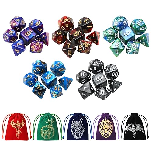Grajar 35Pcs DND Dice Set with 5 Colorful Animal Patterned Dice Pouches, Polyhedral Dice Sets for Dungeons and Dragons D&D TTRPG MTG Table Role Playing Games - Double Colors