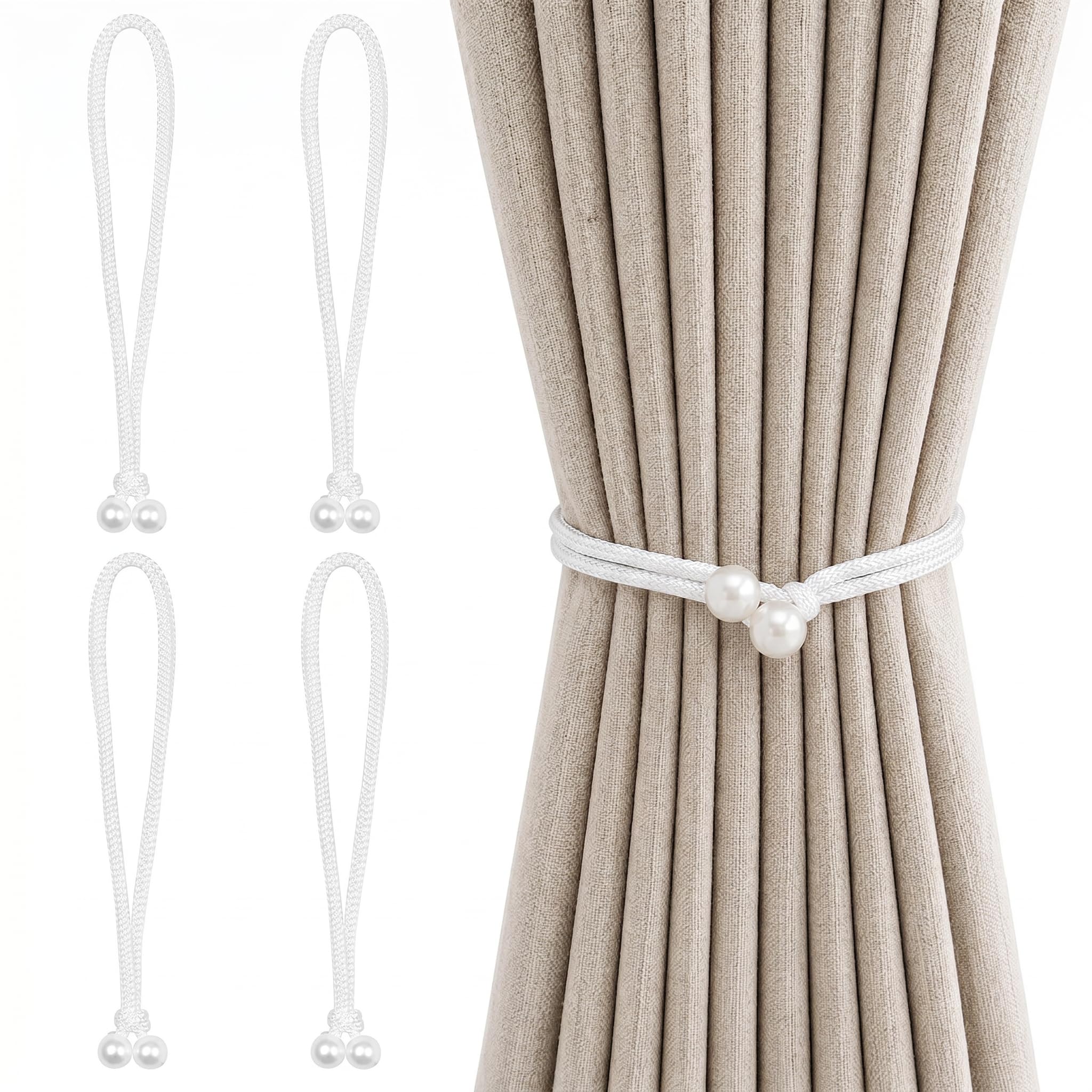 4 Pcs Curtain Tie Backs, Elegant Pearl Weaving Curtain Rope Buckle, Adjustable Curtain Tiebacks for Home Office Living Room Bedroom Window Drapery Holders (White)