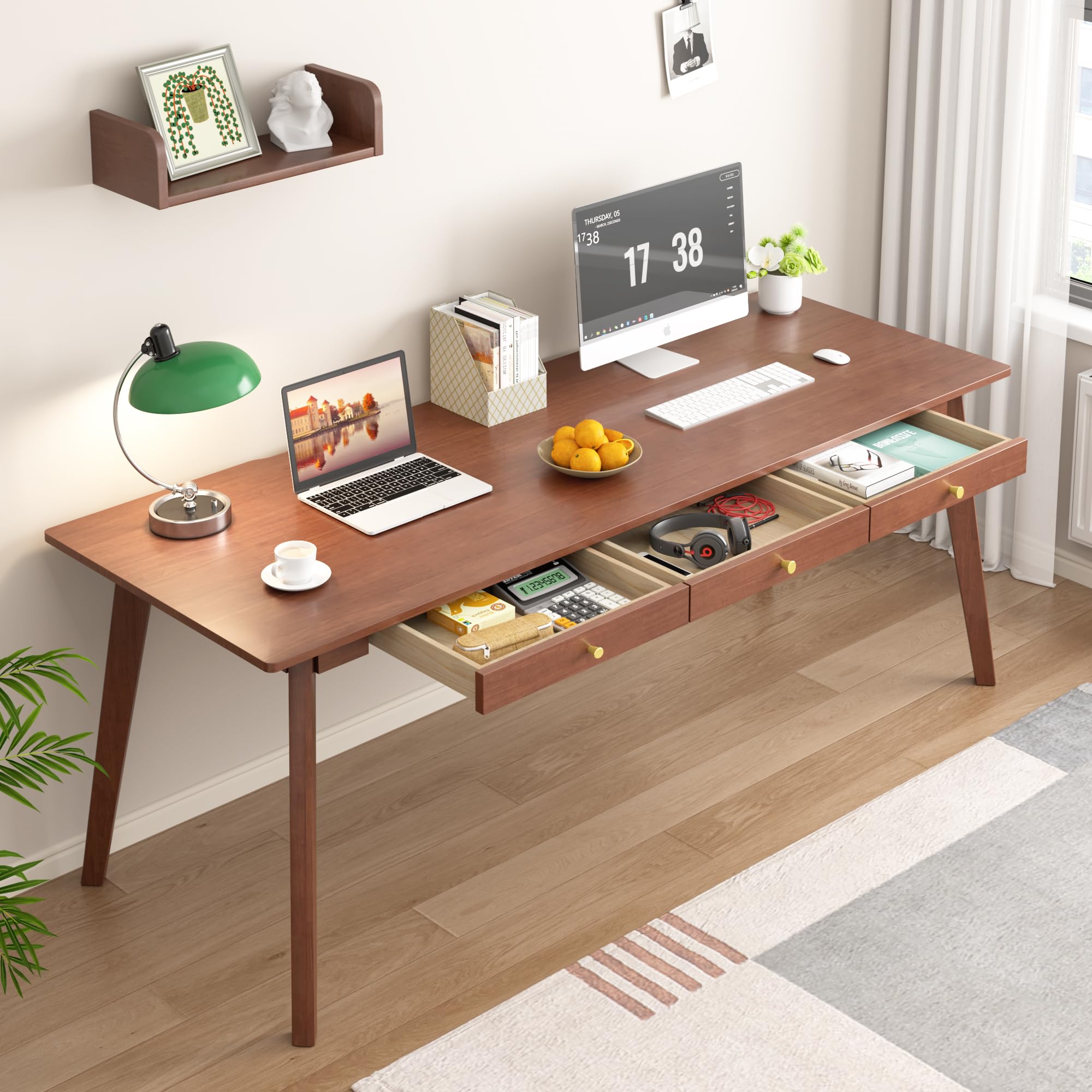 Photo 1 of ENPKLUTE Long Solid Wood Desk with Drawers - 63" Mid Century Modern Executive Desk for Two People, Home Office Computer Desks, Vintage Writing Study Table for Any Room - 2 Person Desks -Walnut