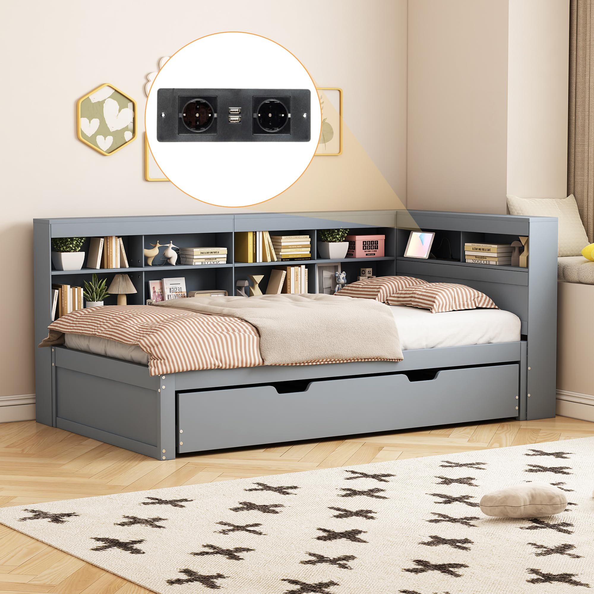 MYBOO Tagesbett Schlafsofa 90x200 cm, Holz Multifunktionsbett mit Ausziehbarem Bett 90x190 cm, USB-Steckdose und Mehreren Ablagefächern, Einzelbett Massivholzbett mit Lattenrost, Ohne Matratze, Grau