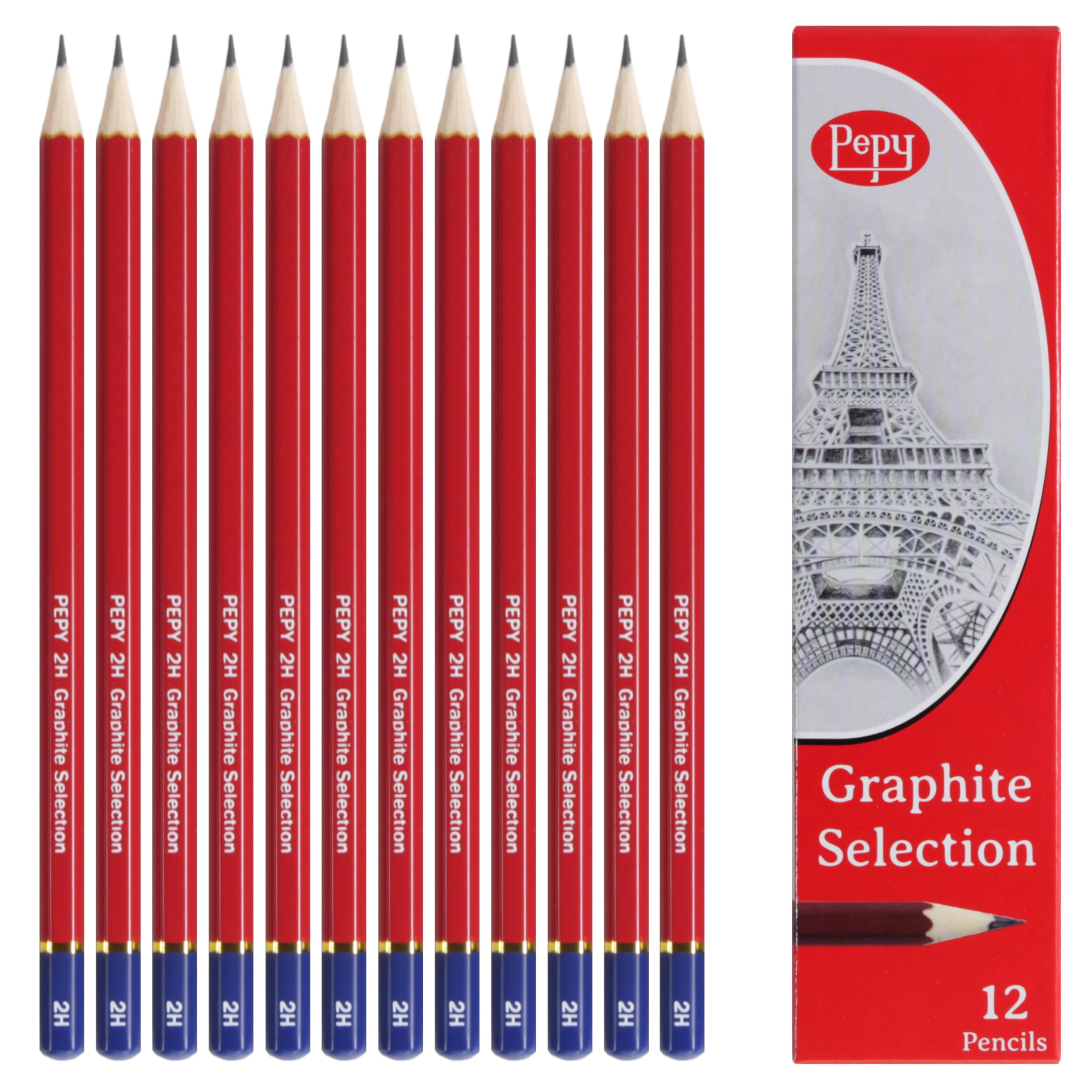 Pepy Graphite Professional Drawing Pencils - Set of 12 2H Pre-Sharpened Black Lead Pencils; Perfect for Drawing, Sketching and Shading, Graphic and
