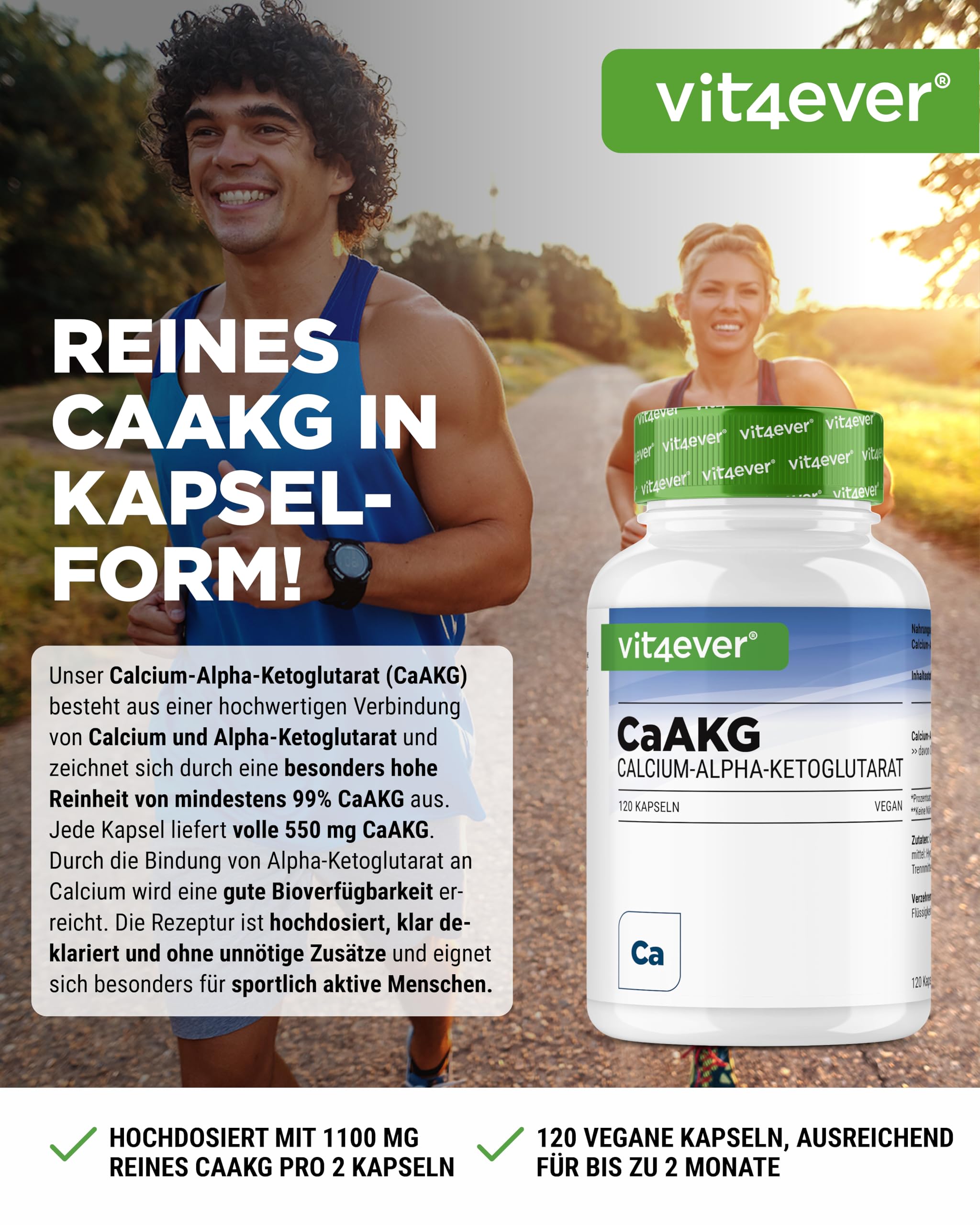 vit4ever CaAKG - 120 Kapseln - 1100 mg - hochdosiert - 1100 mg Tagesdosis | Reines Calcium-Alpha-Ketoglutarat, 60 Tage Vorrat, ohne unnötige Zusätze, vegan