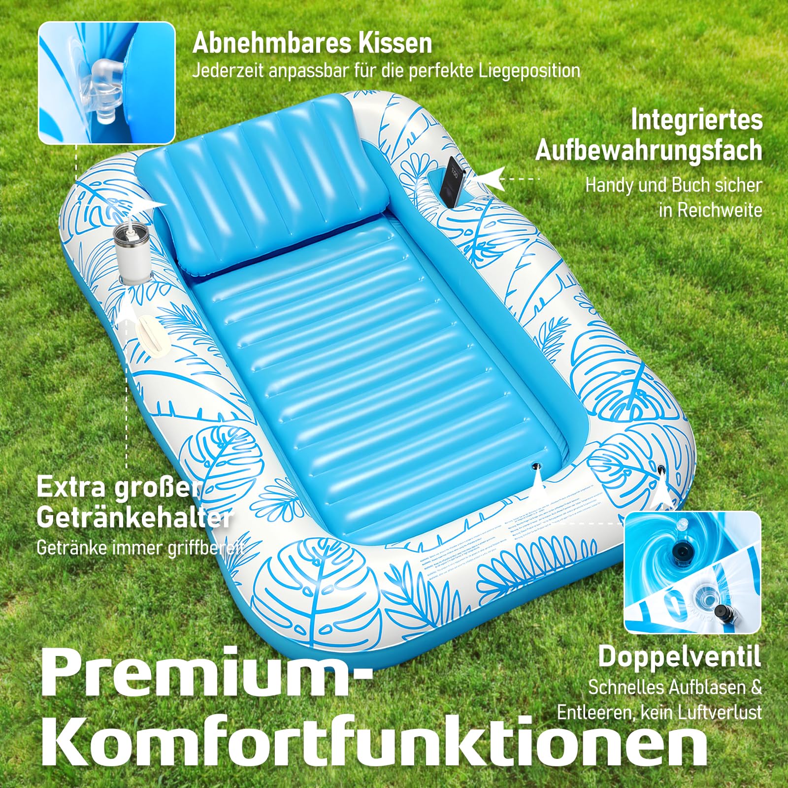 Amteker Aufblasbare Tanning Pool Bed, 70" x 46"/84" x 56"Sonnenpool Lounger Mit Kissen, Getränkehalter & Handyfach, Sonnenliege Luftmatratze Pool Erwachsene Zum Sonnen Für Garten & Strand