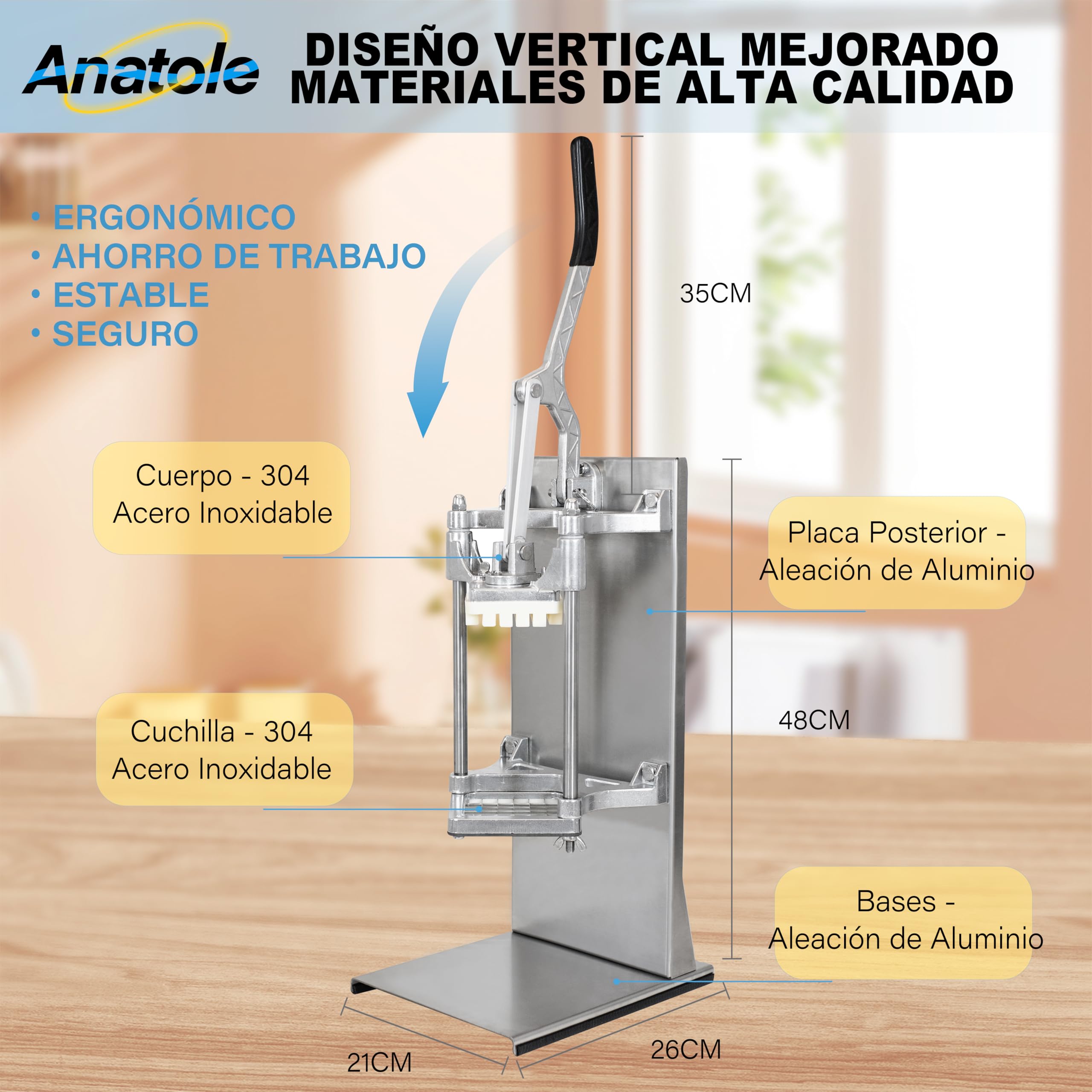 Anatole Cortador de Patatas Fritas Profesional Vertical con Cuchillas de 6mm 9mm 13mm Acero Inoxidable Cortadora de Verduras Frutas Manual Multifuncional para Cebollas Zanahorias Pepinos