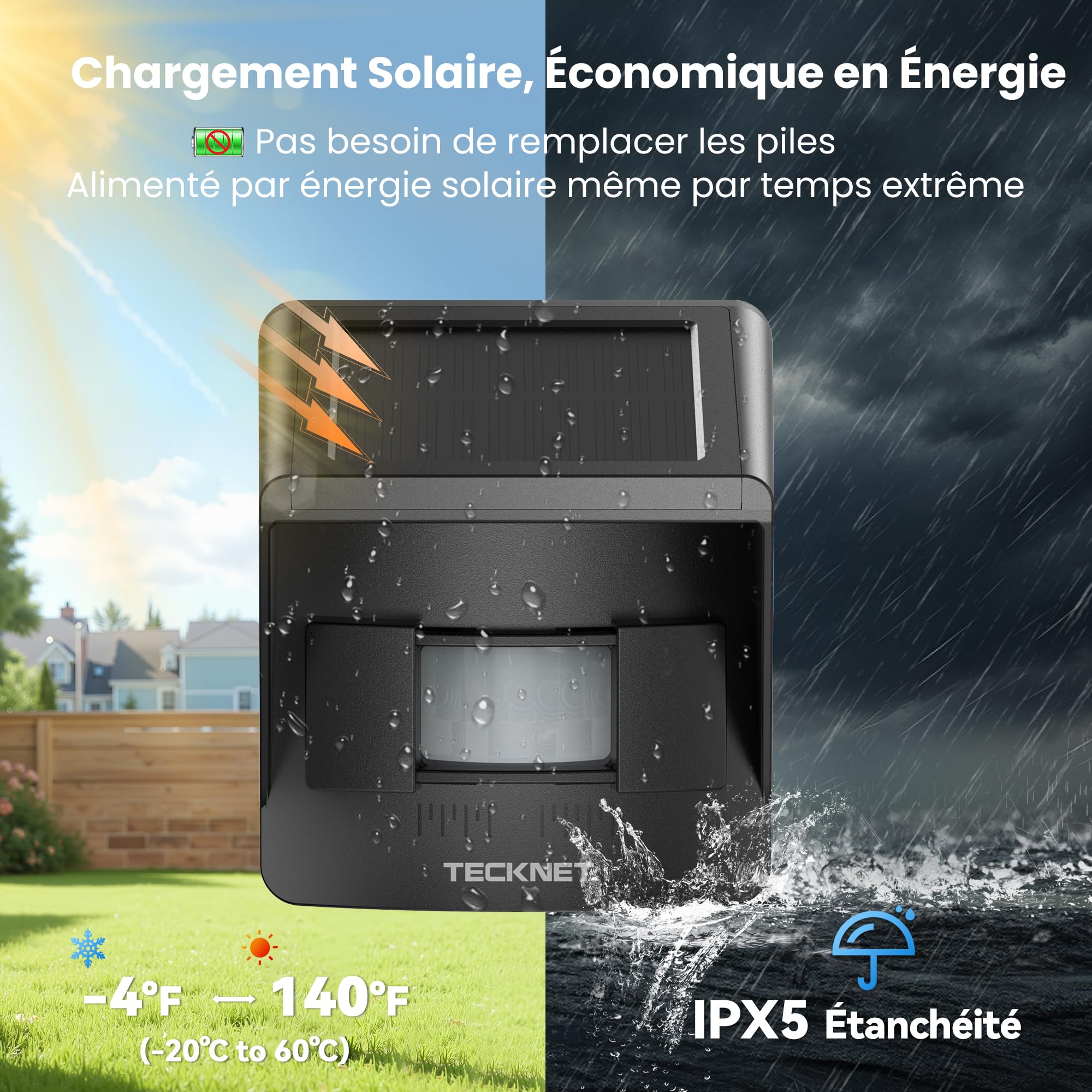 TECKNET Alarme Solaire sans Fil pour Allée, Portée 800 m, Détecteur de Mouvement Étanche, 36 Mélodies, 5 Volumes, 4 Zones, Intérieur/Extérieur (1 Récepteur 1 Capteur)