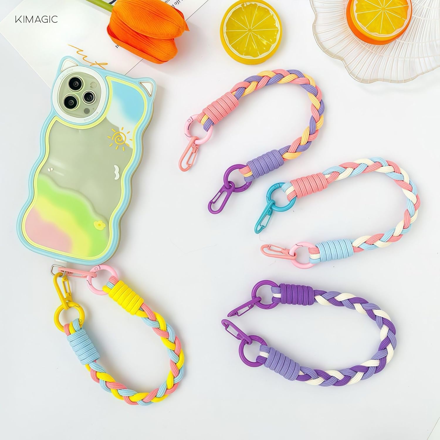 KIMAGIC Dopamine Minimalist Wrist Strap Phone Lanyard, Anti-Drop, Includes 2 Types of Phone Tabs (Clear & Matching Nylon) (05 Ice Cream Gradient Pink-Blue-White) - Image 3