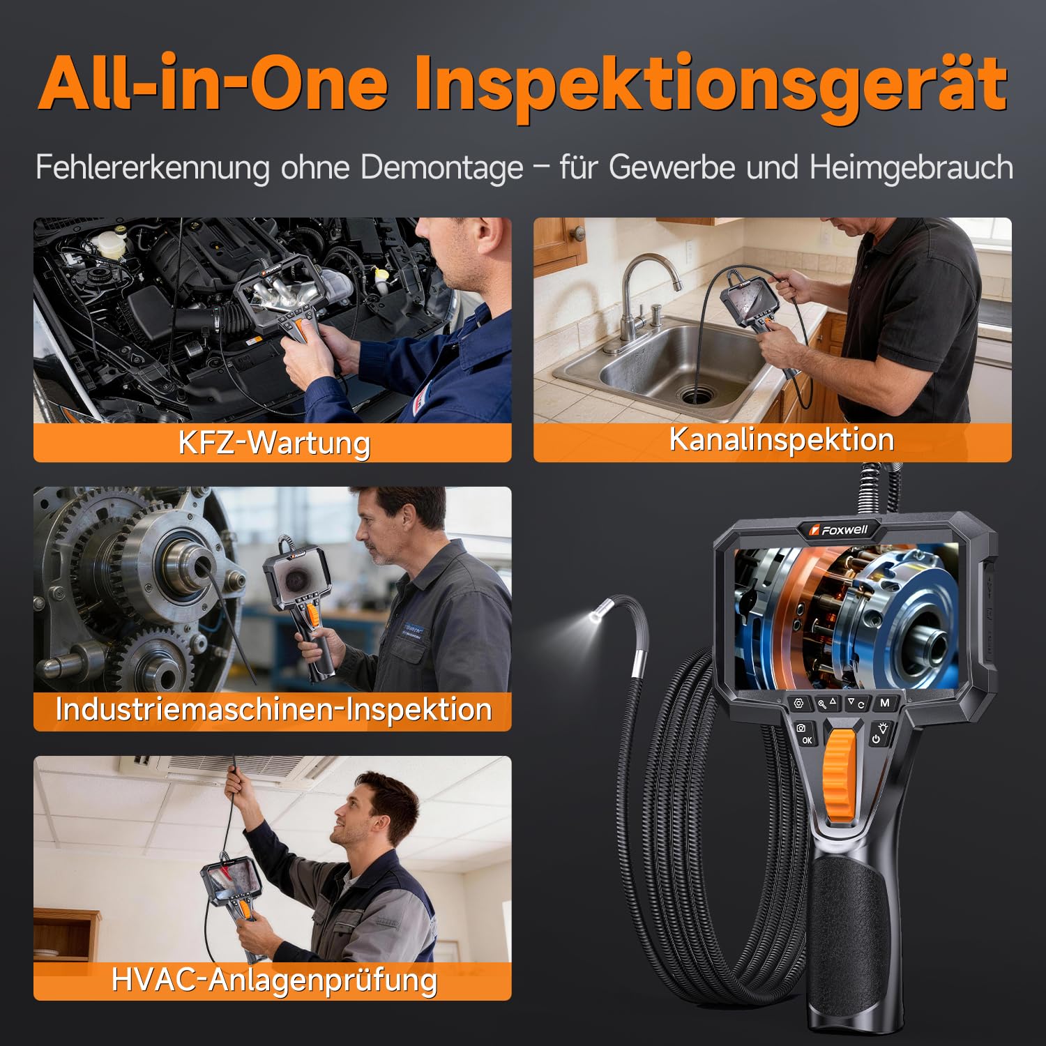 FOXWELL 6,2mm Professionell 2-Wege Schwenkkopf Endoskopkamera mit Licht | 220° Schwenkkopf, IP67 wasserdicht, IPS Display, Foto/Video, 1,6m Kabel, 6 dimmbare LEDs für Werkstatt, KFZ & Rohr