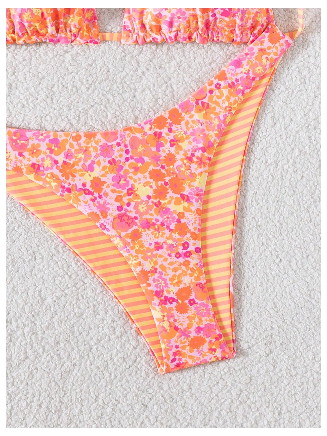 Costume da Bagno Bikini A Righe Floreali in 2 Pezzi Donna Perizoma con Stringhe all'Americana Alto Multicolore X-Large