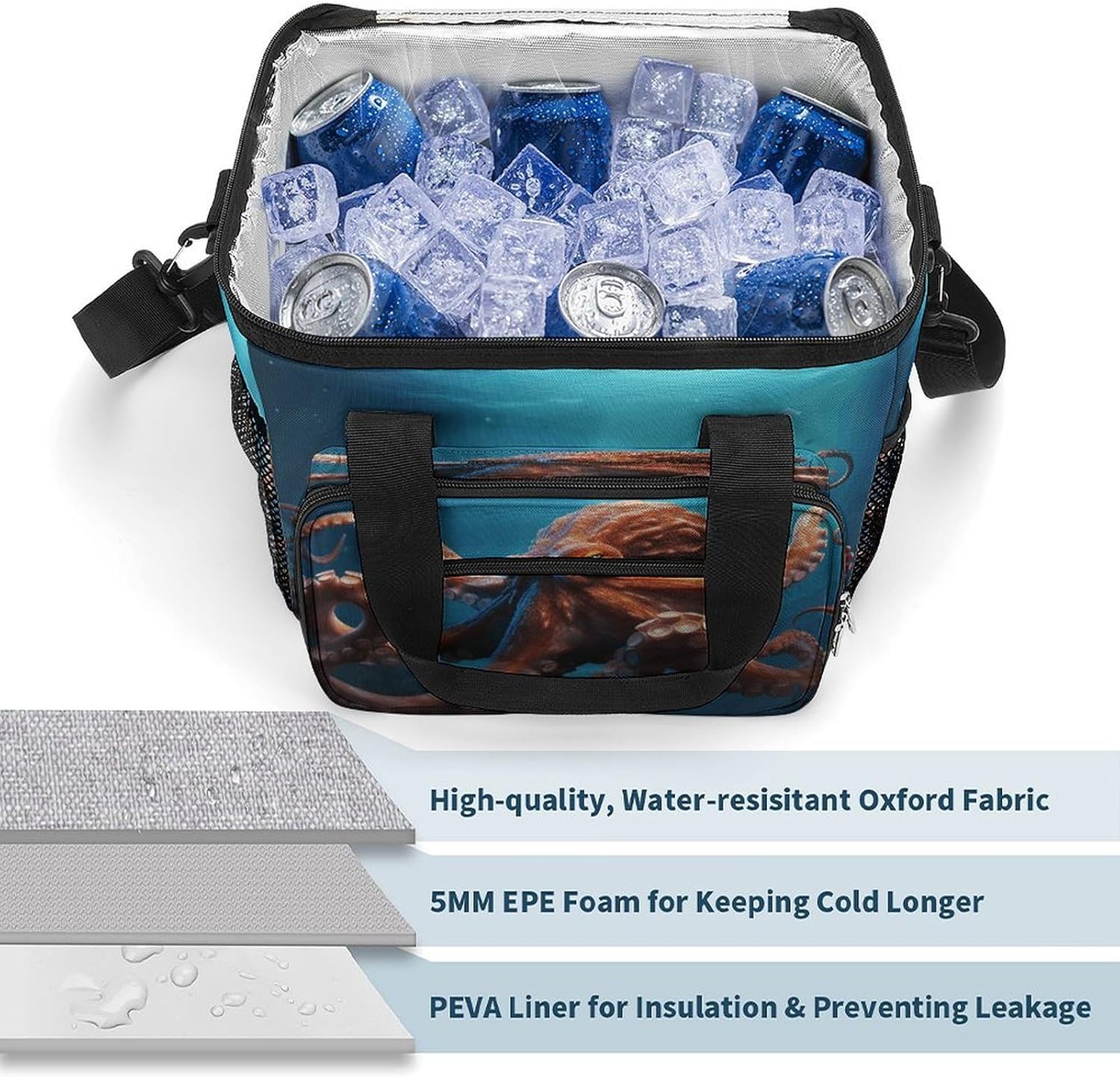 Ocean Animal Octopus Cooler Bags Portable Soft Cooler Bag Lightweight Ice Chest Insulated Lunch Bags Camping Cooler Bag Cooler Lunch Tote Coolers for Picnic Travel Beach
