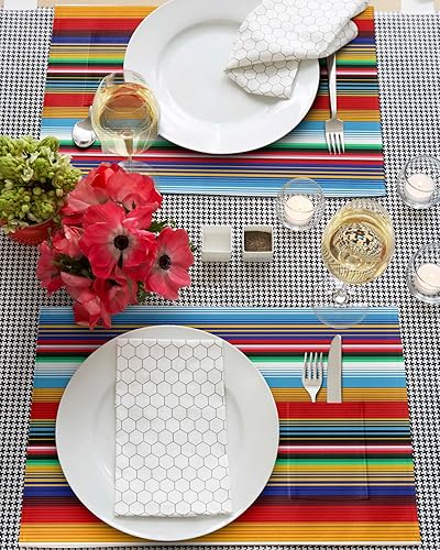 Miniatura 3 de Juego de 2 manteles individuales de mesa de rayas coloridas de México para mesa de comedor, manteles individuales de lino de algodón con bolsillo,