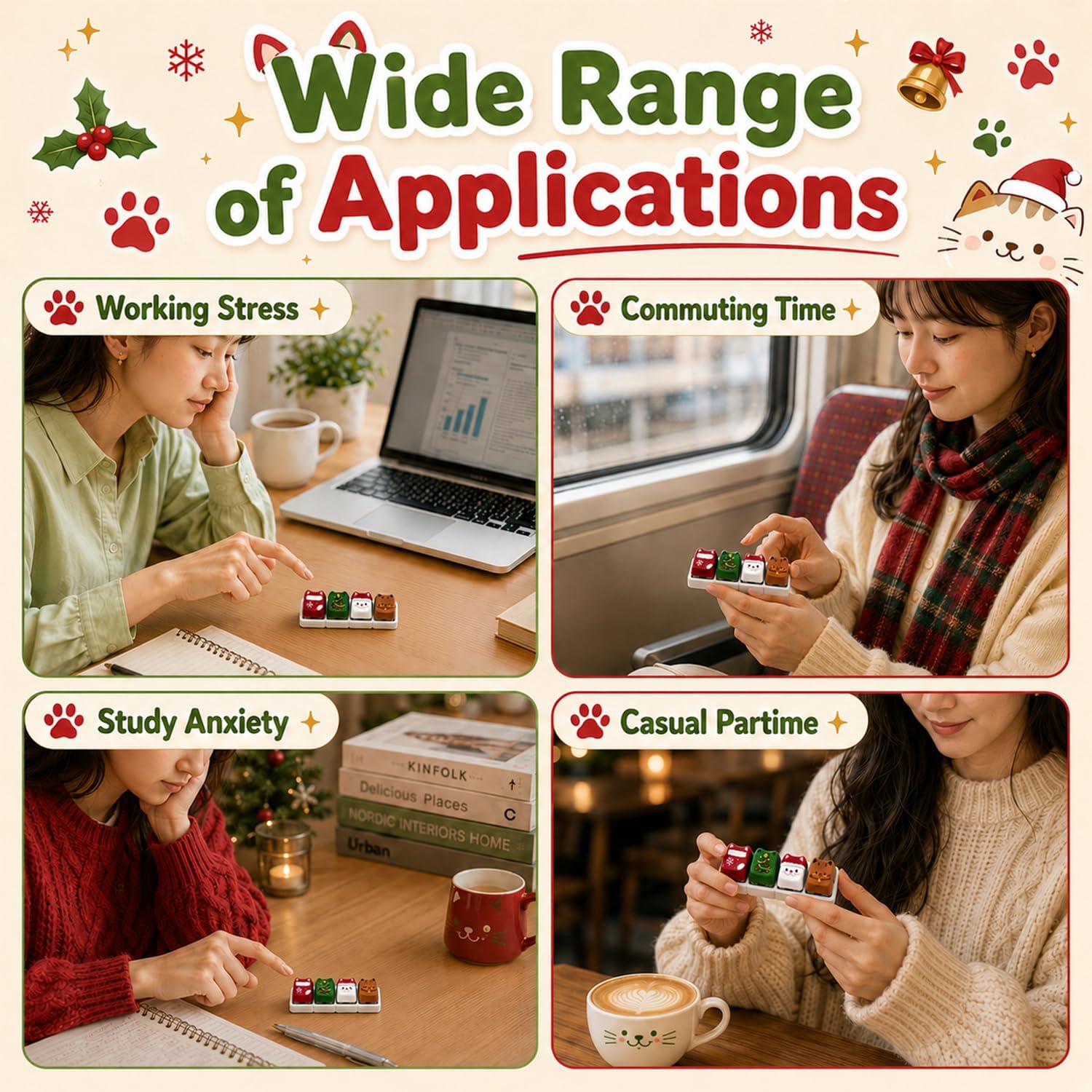 Christmas Cat Fidget Clicker 2 Pack, 4-Key Mechanical Keyboard Clicker Toys with Wrist Straps, Portable Satisfying Tactile Desk Toy, Stocking Stuffers image 4