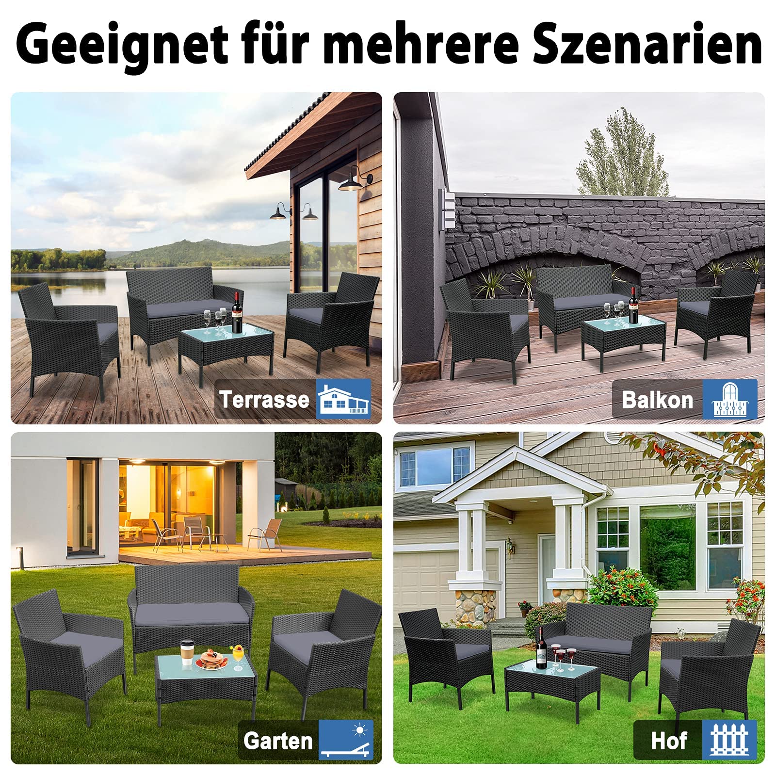 LZQ Gartenmöbel Balkonmöbel-Set Rattan Lounge Polyrattan Tisch MitSofa und 2 Stühlen für Terrasse,Balkon,Garten,Anthrazit