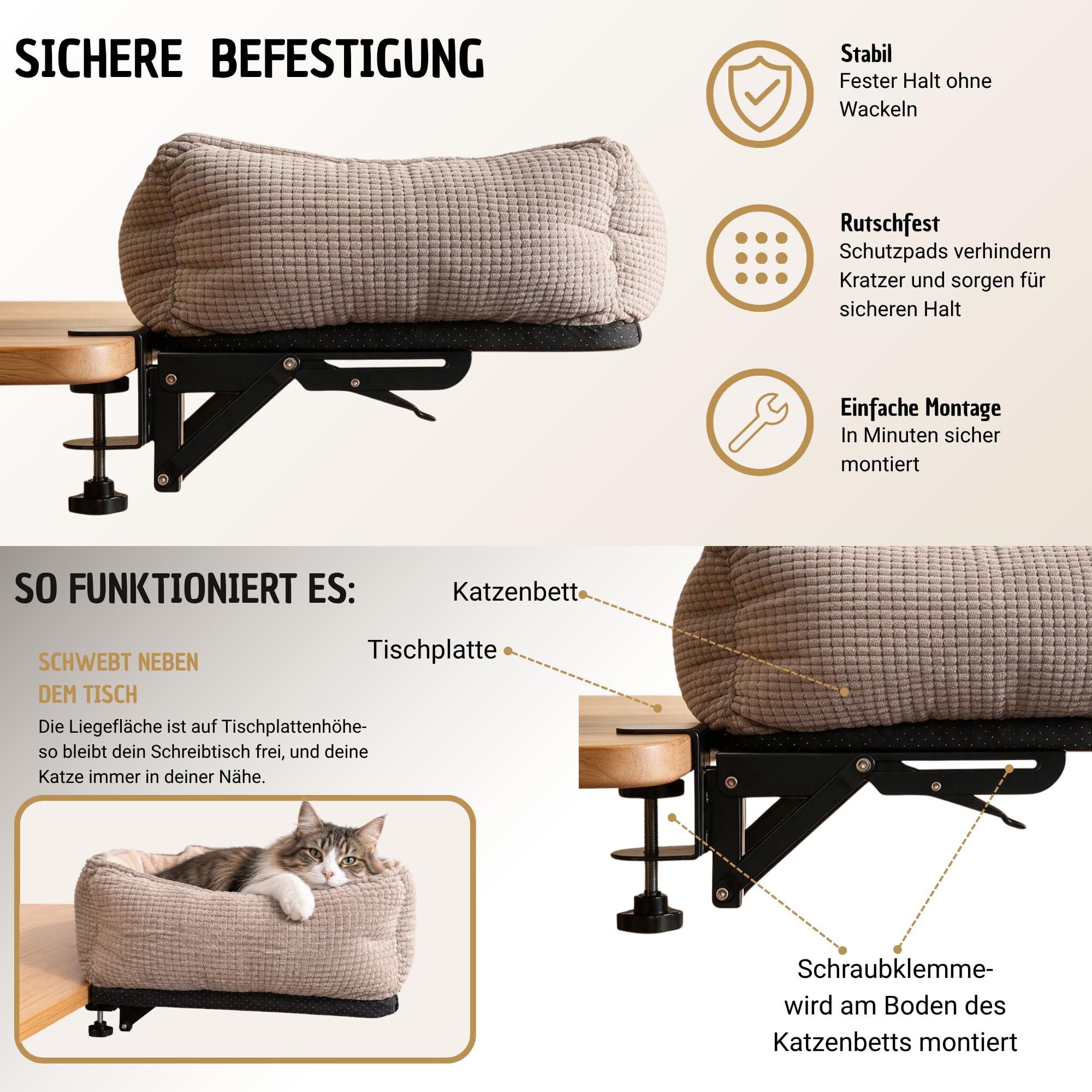 Generisch Katzenbett Schreibtisch – Cat Desk Bed, Katzenbett für Schreibtisch - mit Stabiler Metallhalterung und weichem, waschbaren Plüschbezug – Ideal fürs Homeoffice.