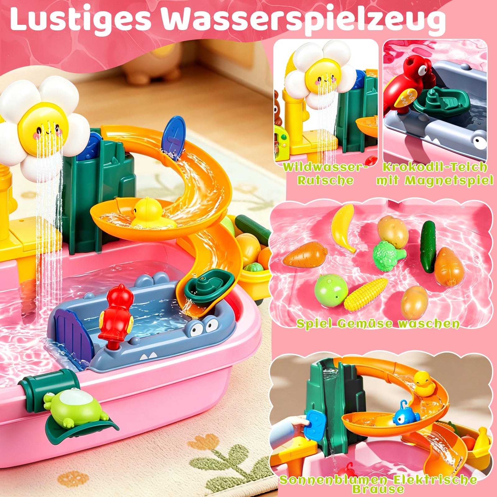 Kinder Spülbecken, Kinderwaschbecken mit Wasserkreislauf, Waschbecken Kinder mit Wasserfunktion, Wasserspieltisch mit Elektrischem Wasserhahn Obst Gemüse und Angelspielzeug ab 3 Jahre (Rosa)