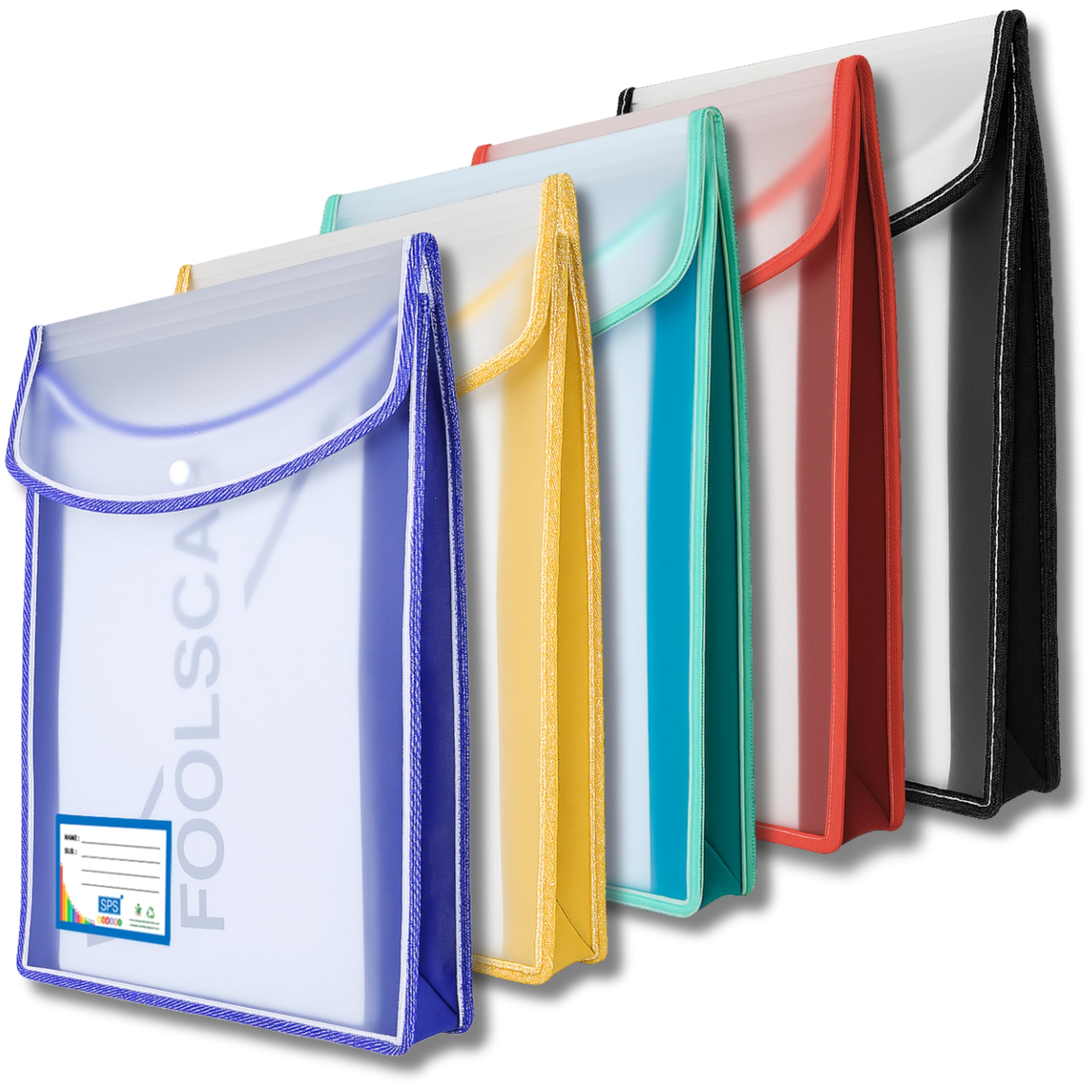 SPS Cartellina portadocumenti in plastica trasparente A4/protocollo, con bottone a pressione, set di 5 cartelle per documenti (verticale, multicolore, confezione da 5)