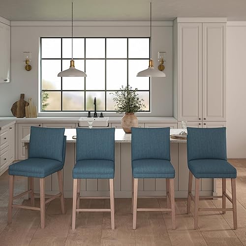 Miniatura 7 de Juego de 2 taburetes de bar tapizados de tela de lino de 27 pulgadas con respaldo extraíblepatas de lavado de piedra para isla