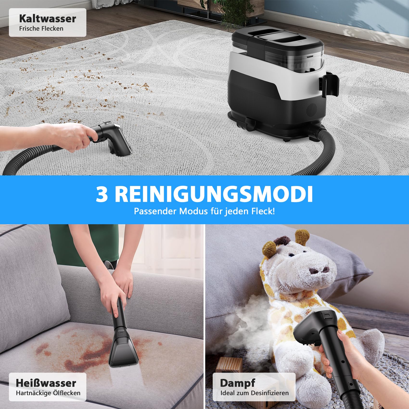 Dampfreiniger 1650W Polsterreiniger Gerät Nasssauger Waschsauger mit Starker Saugkraft, 1250ML Wassertank, Hochtemperaturdampf Teppichreiniger für Teppich, Sofa, Vorhänge, Polster, Autositz