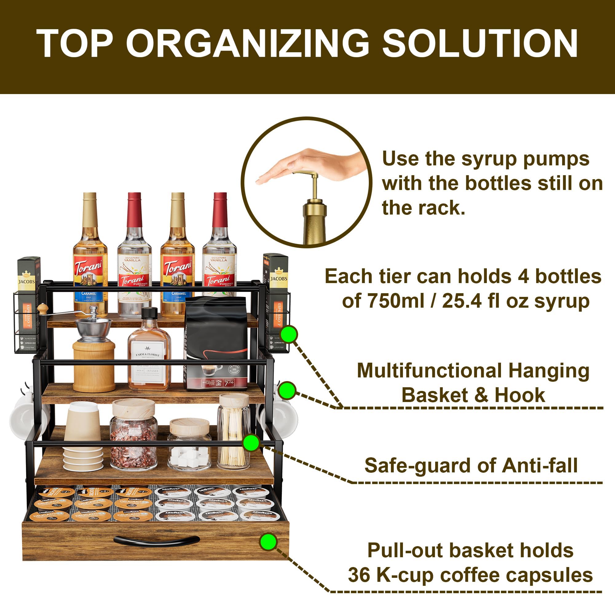 Estante organizador de jarabe de café, soporte para botellas de jarabe de 4 niveles con cajón de 36 K Cup Pod Storage para barra de café, 12 estantes de almacenamiento de botellas para jarabe, vino 3